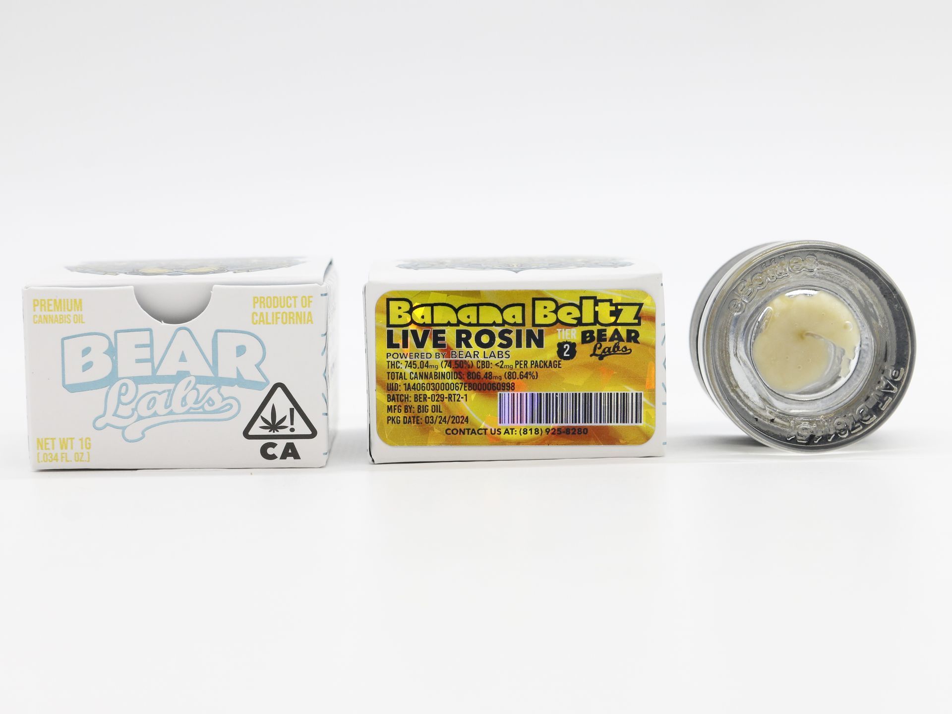 A box of bear labs next to a jar of Banana Beltz