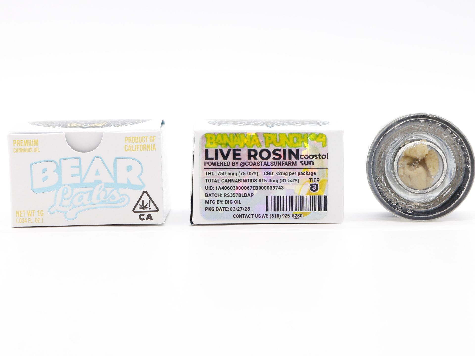 A box of live rosin next to a jar of live rosin.