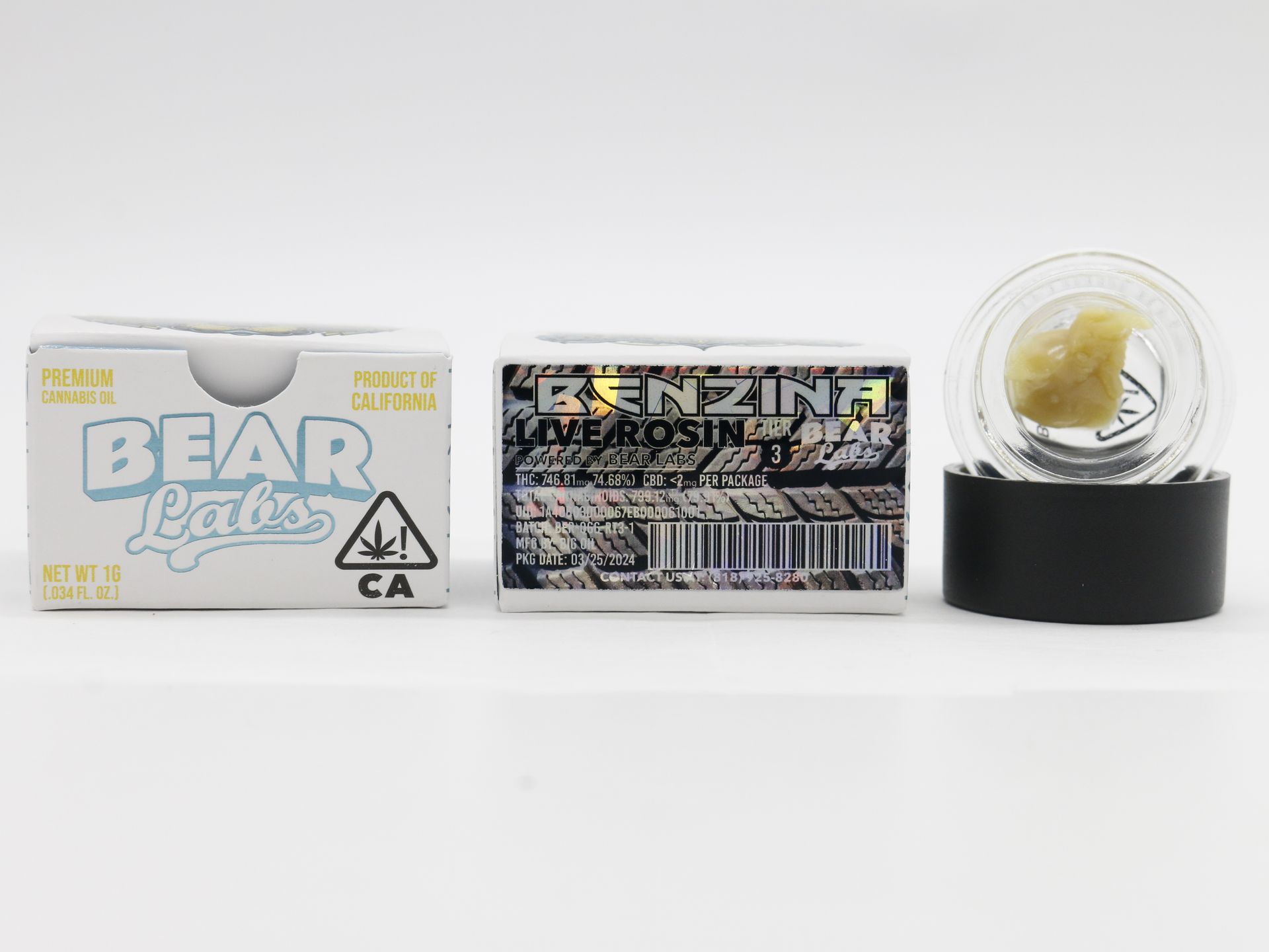 A box of bear labs next to a jar of Benzina