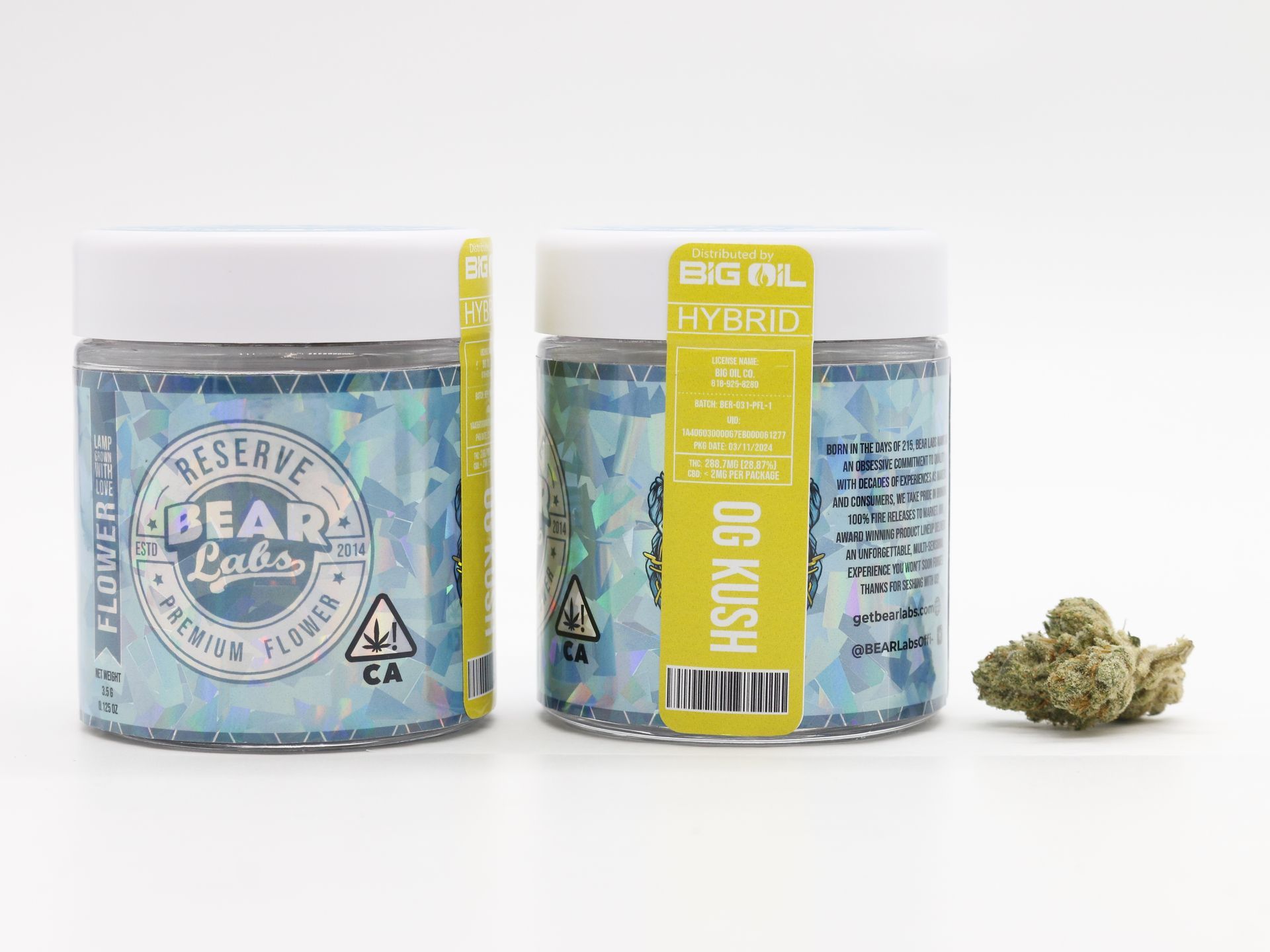 A box of bear labs next to a jar of Big Oil - OG Kush
