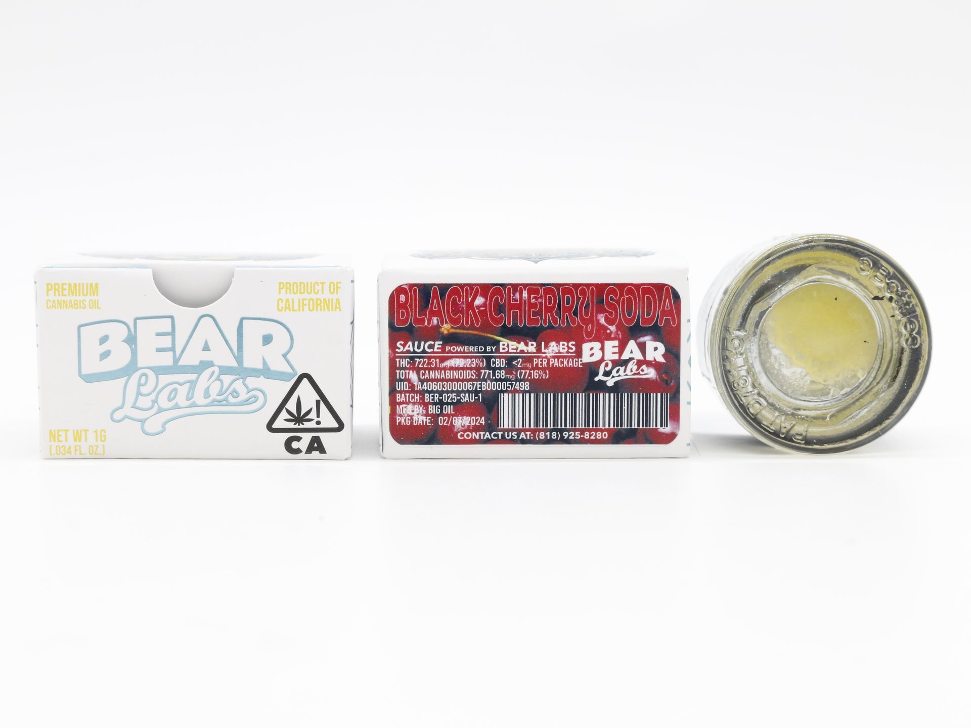 A box of bear labs next to a jar of Black Cherry Soda
