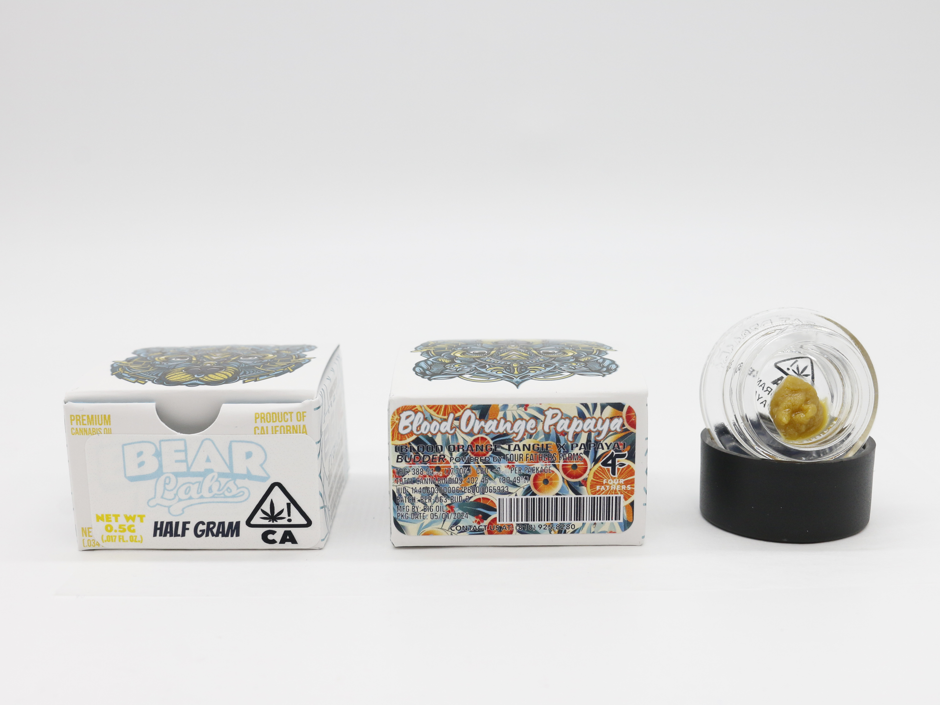 A box of bear labs next to a jar of Blood Orange Papaya