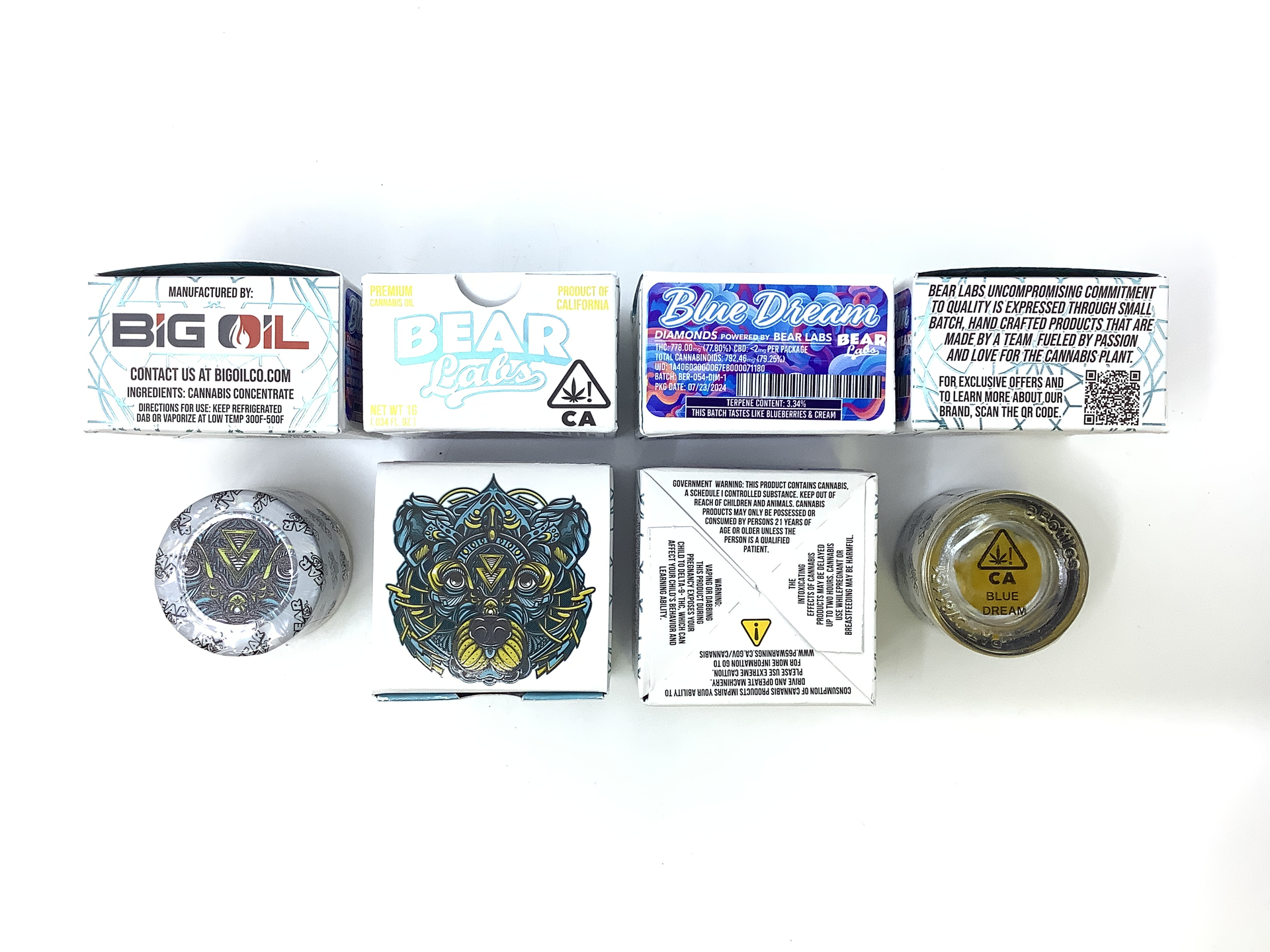 A box of bear labs next to a jar of Blue Dream