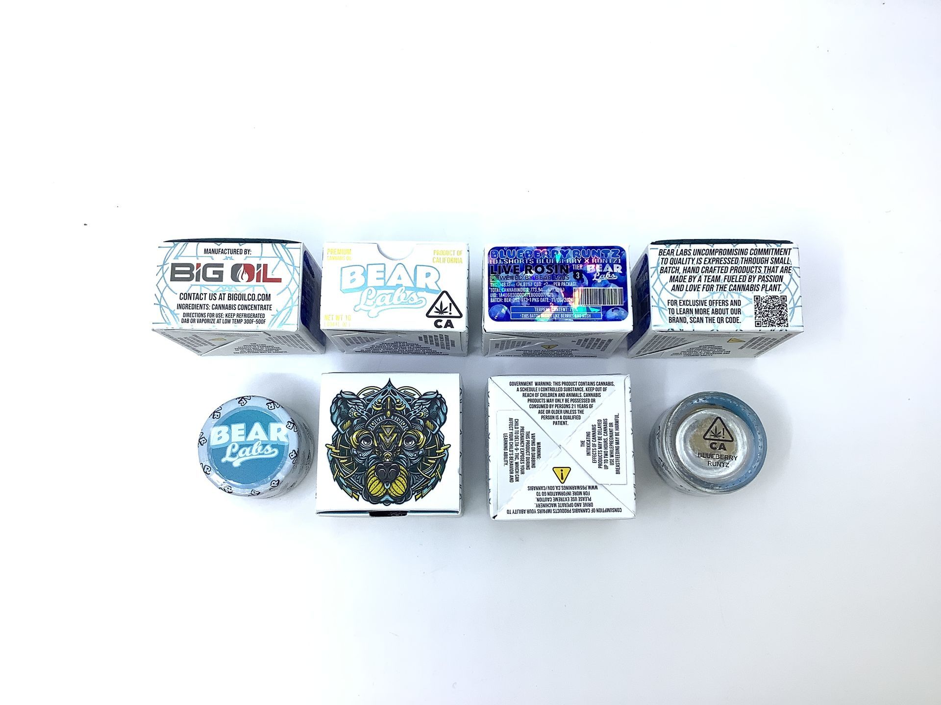 A box of bear labs next to a jar of Blueberry Runtz