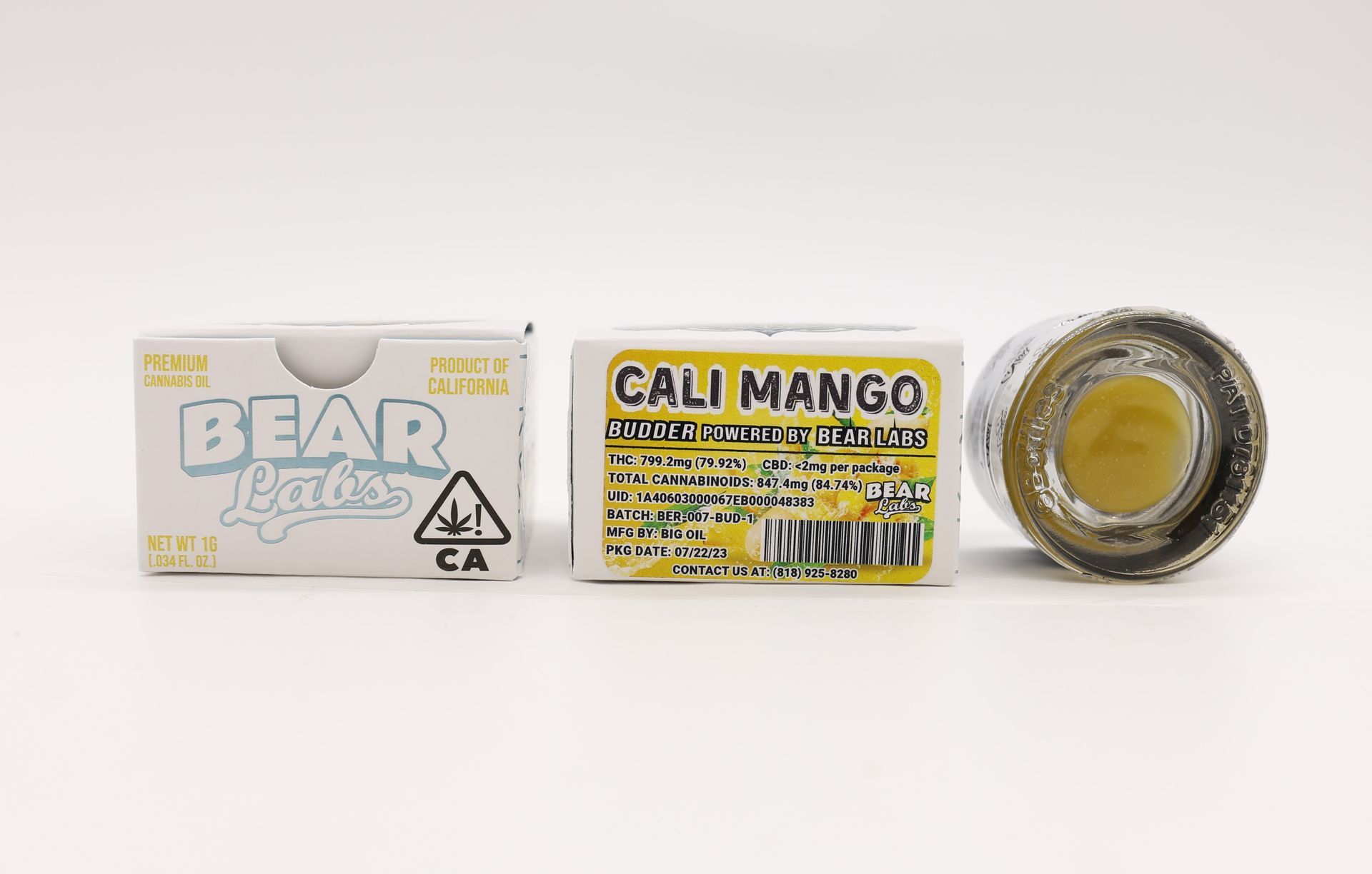 A box of bear labs next to a jar of Cali Mango