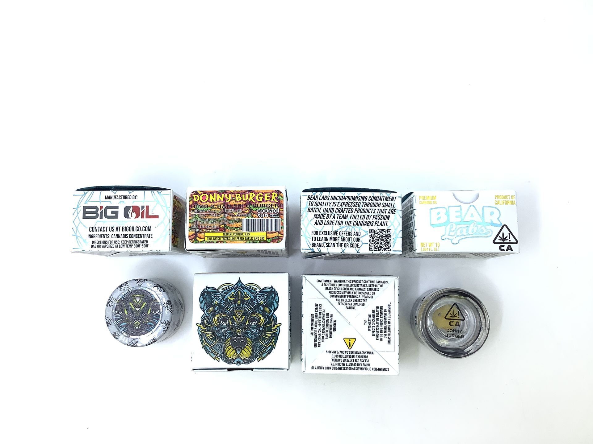 A box of bear labs next to a jar of Donny Burger - Budder