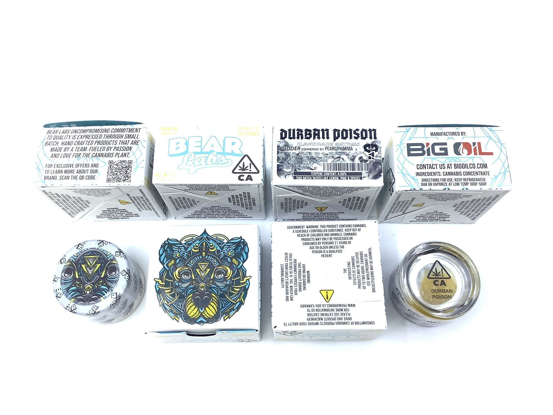 A box of bear labs next to a jar of Durban Poison - Budder