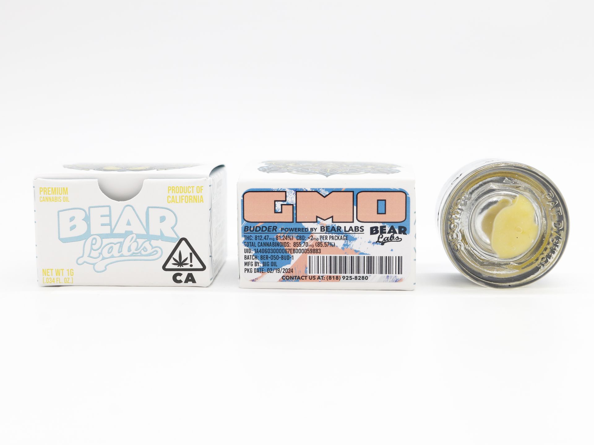 A box of bear labs next to a jar of GMO