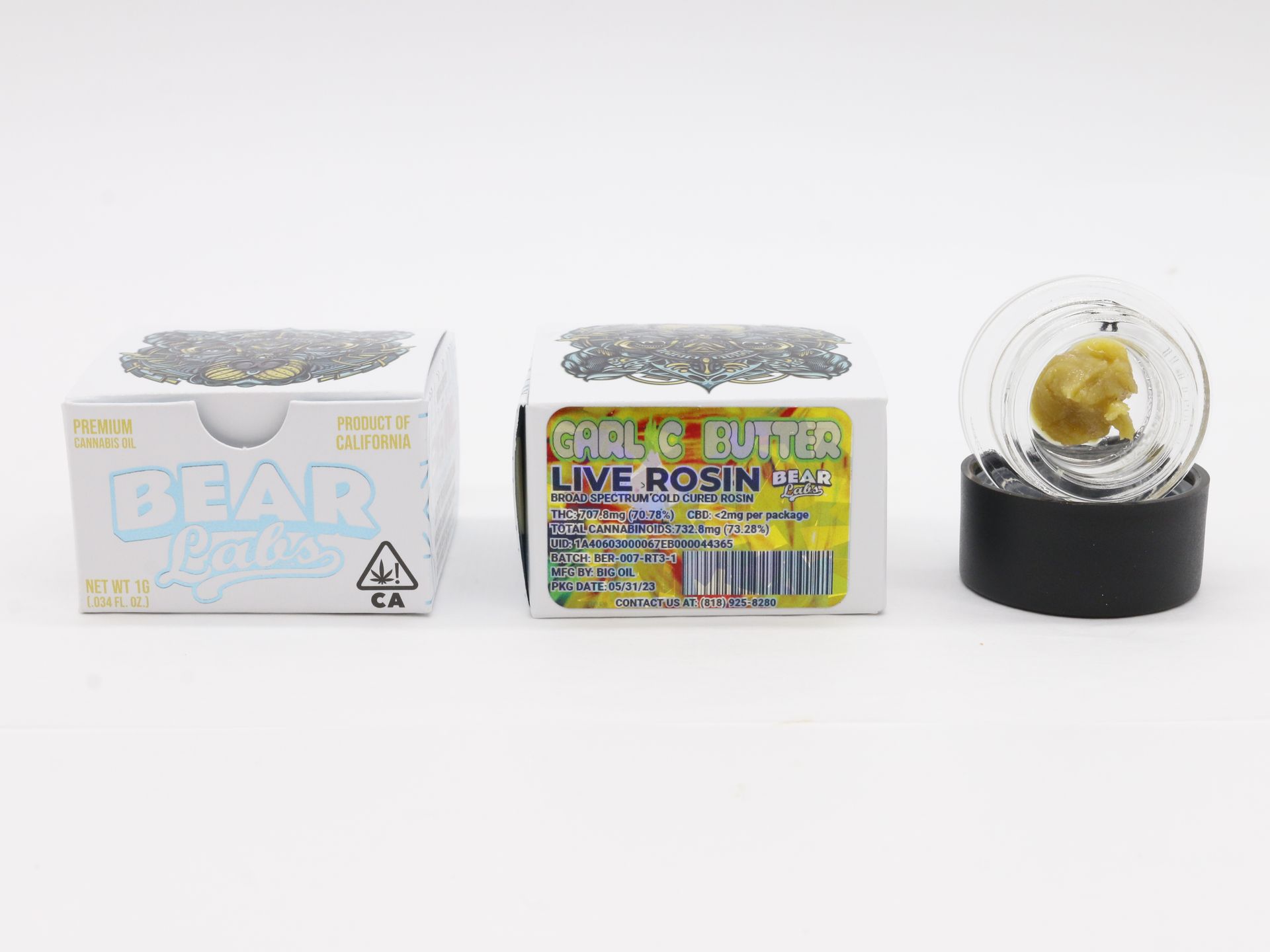 A box of bear labs next to a jar of Garlic Butter