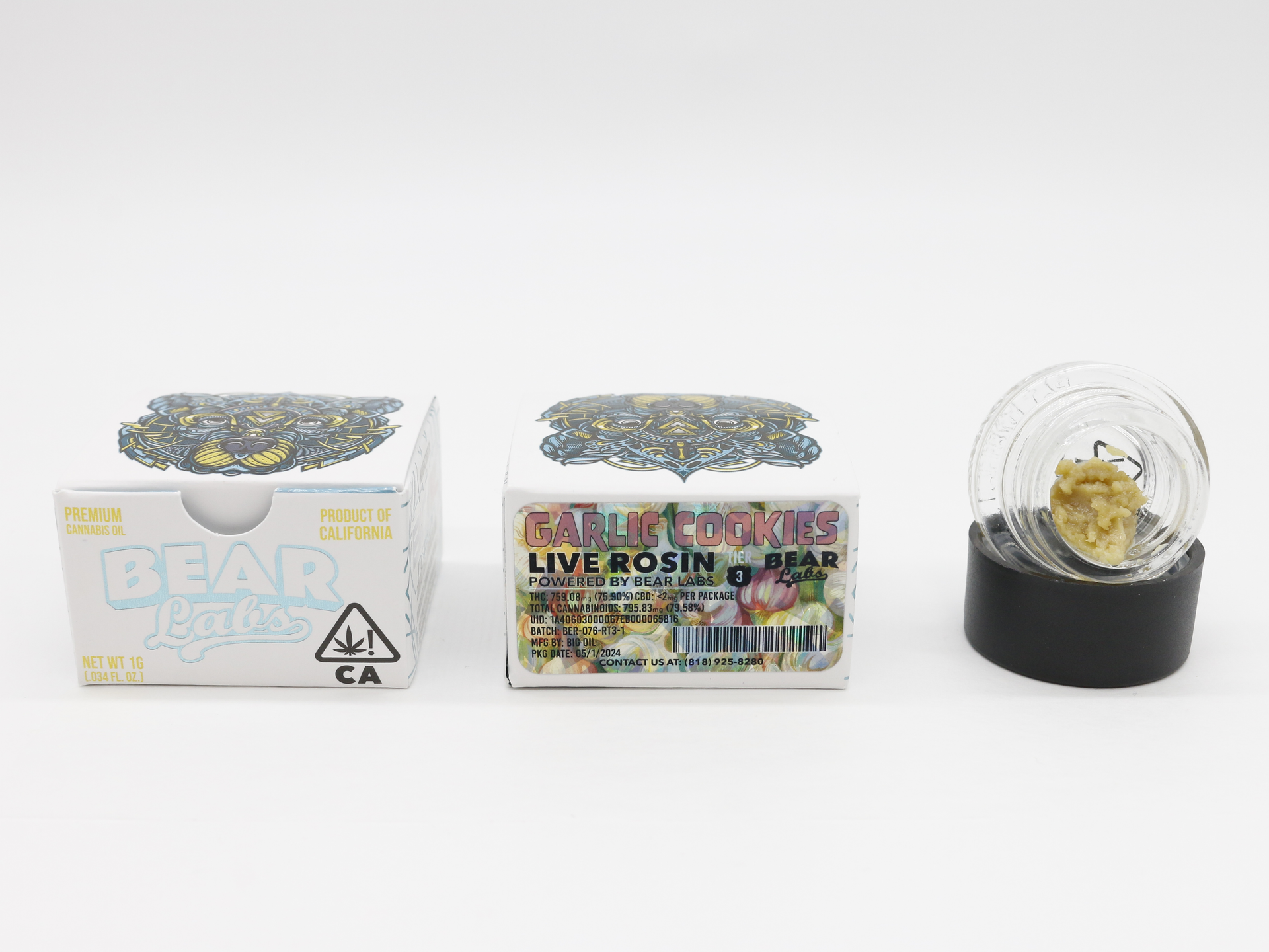 A box of bear labs next to a jar of Garlic Cookies 