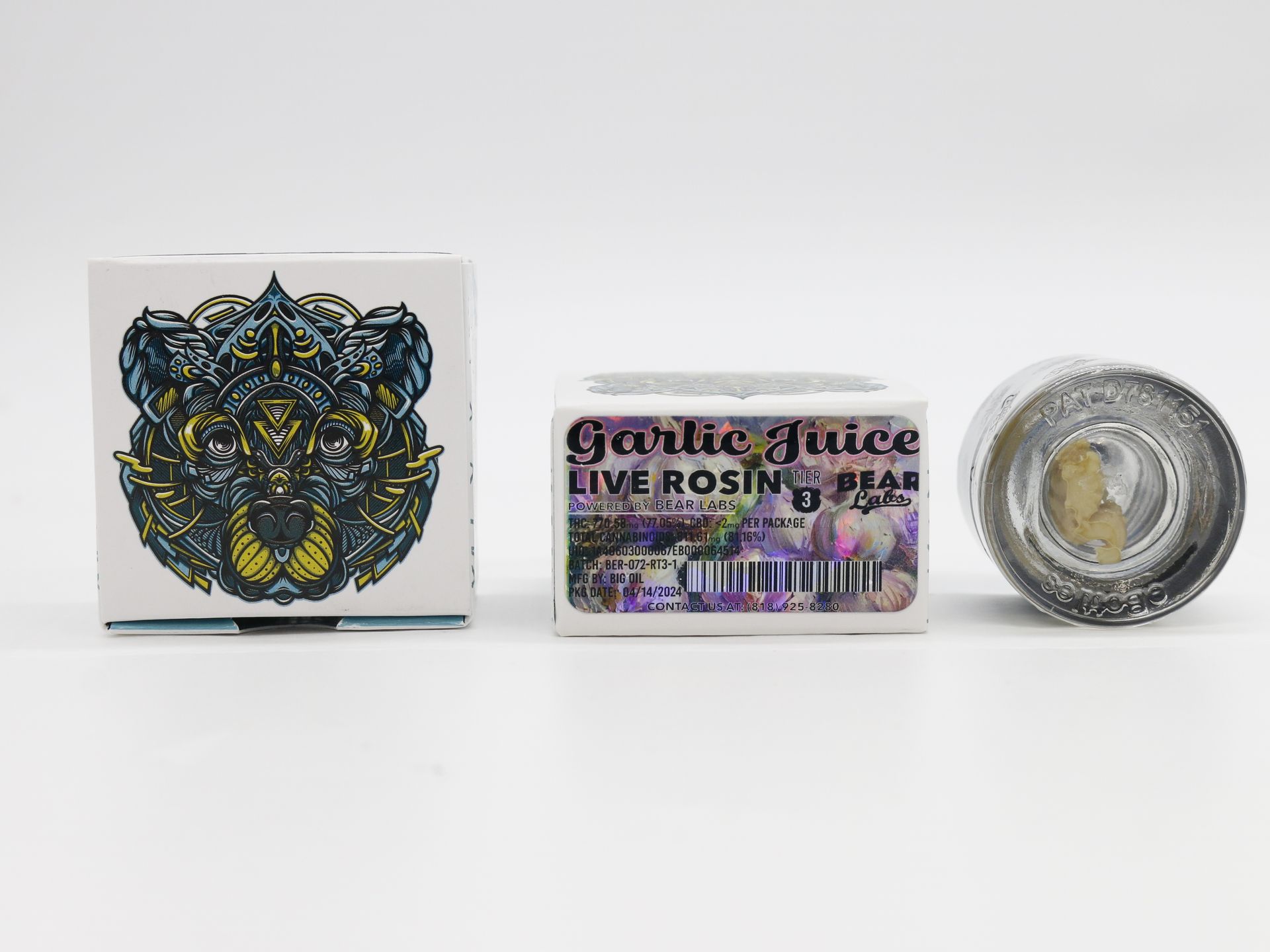 A box of bear labs next to a jar of Garlic Juice