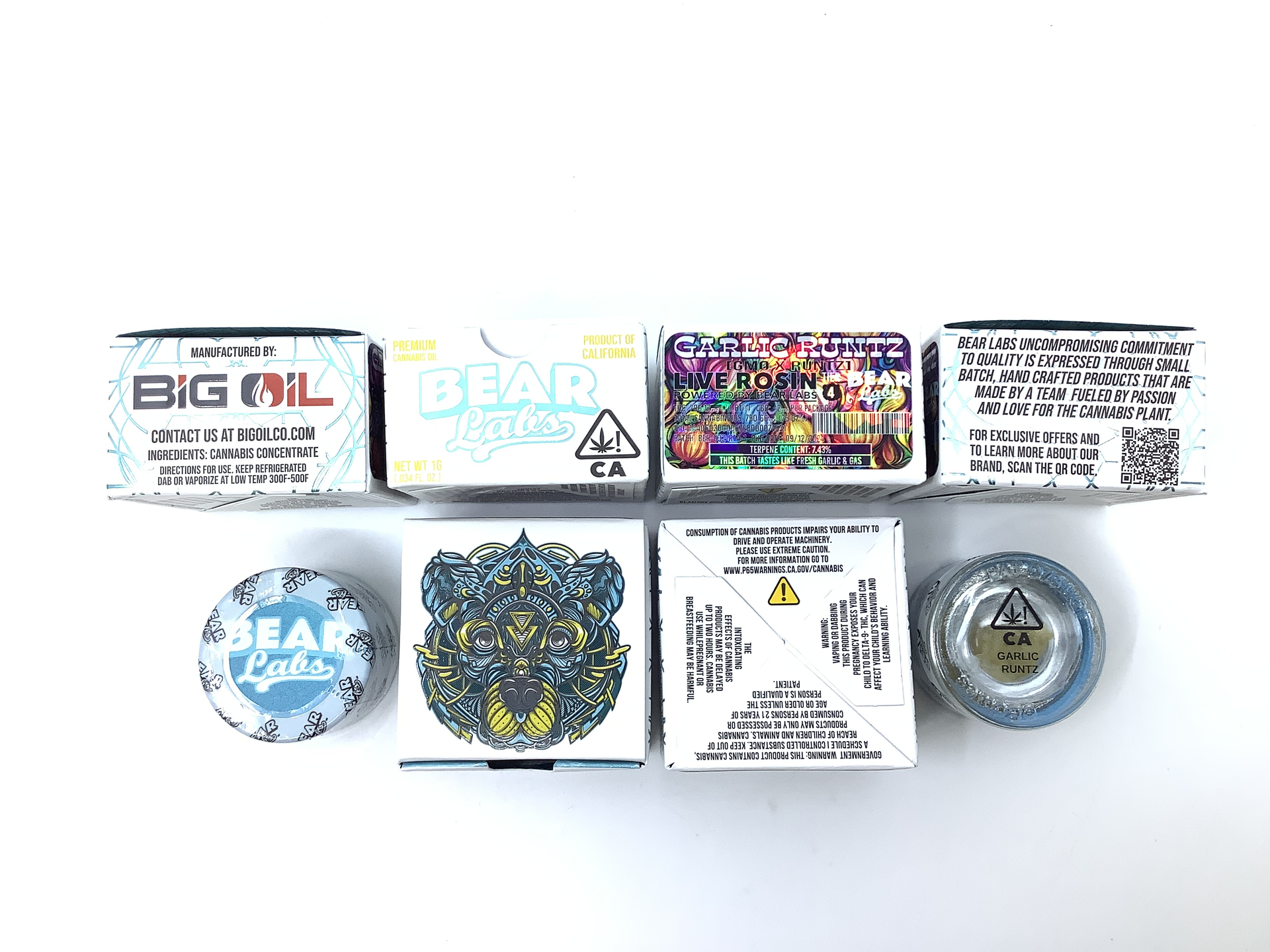 A box of bear labs next to a jar of Garlic Runtz