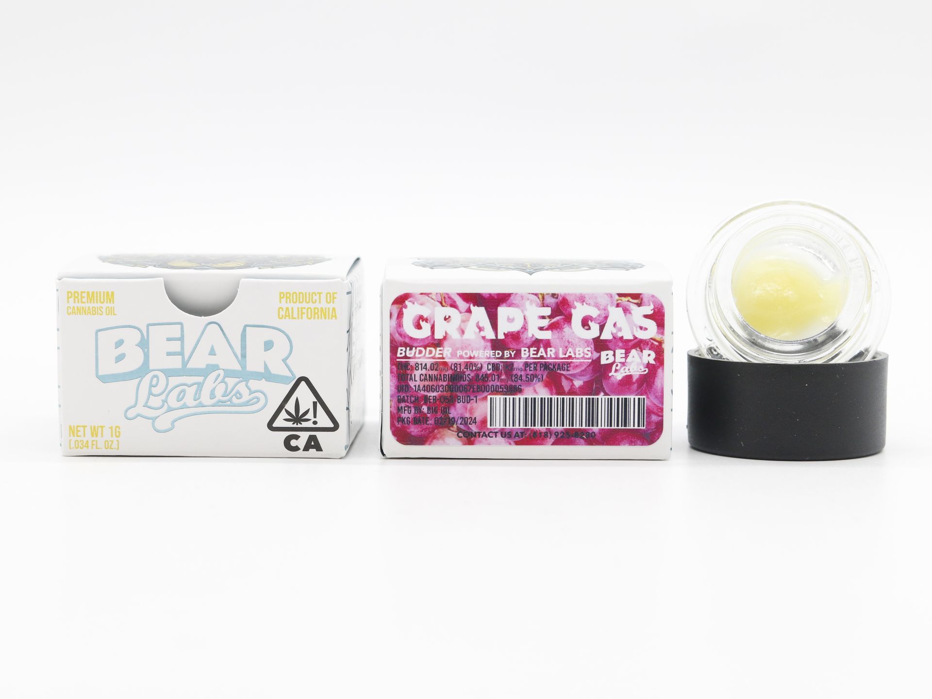 A box of bear labs next to a jar of Grape Gas