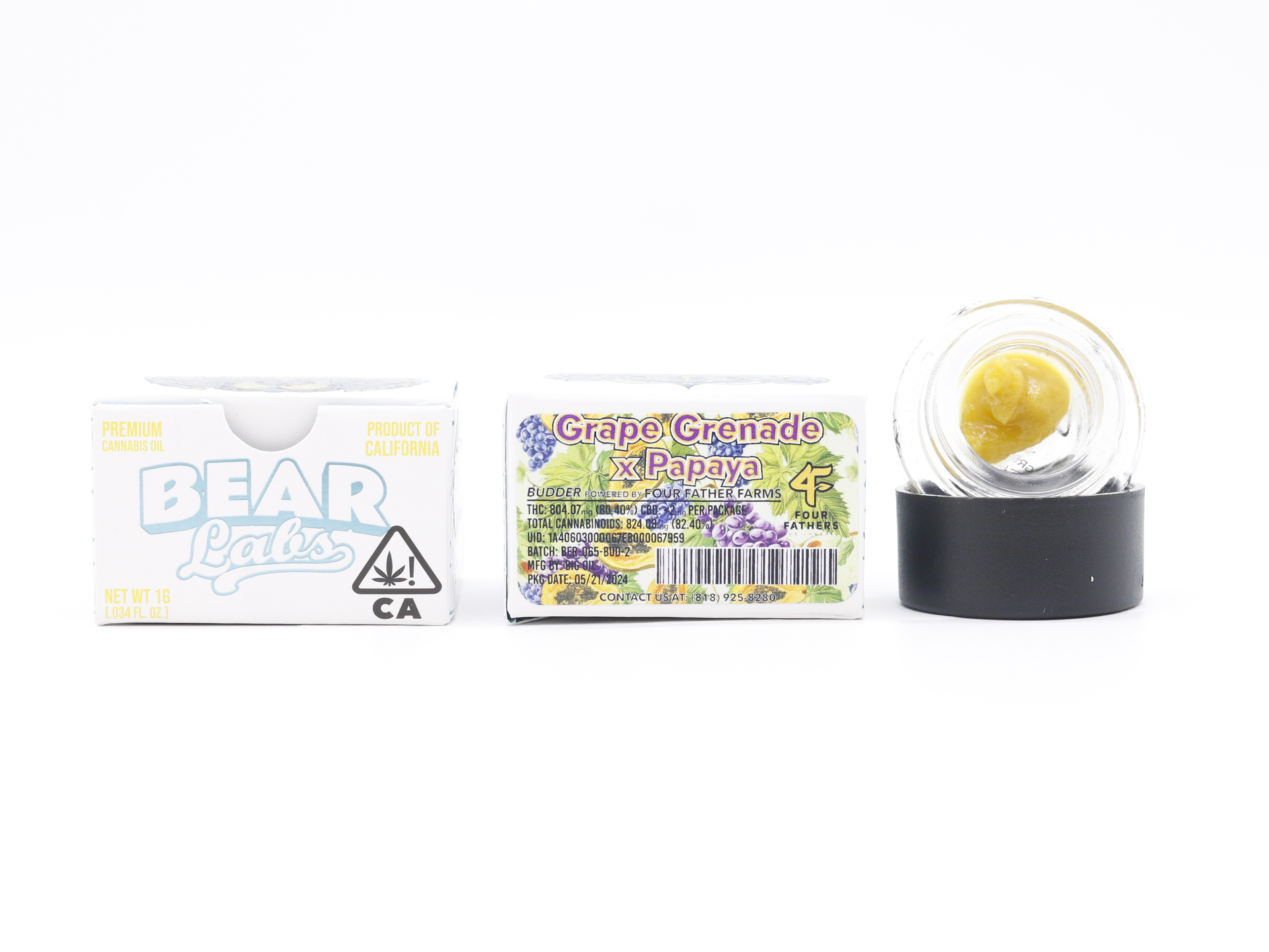 A box of bear labs next to a jar of Grape Grenade X Papaya