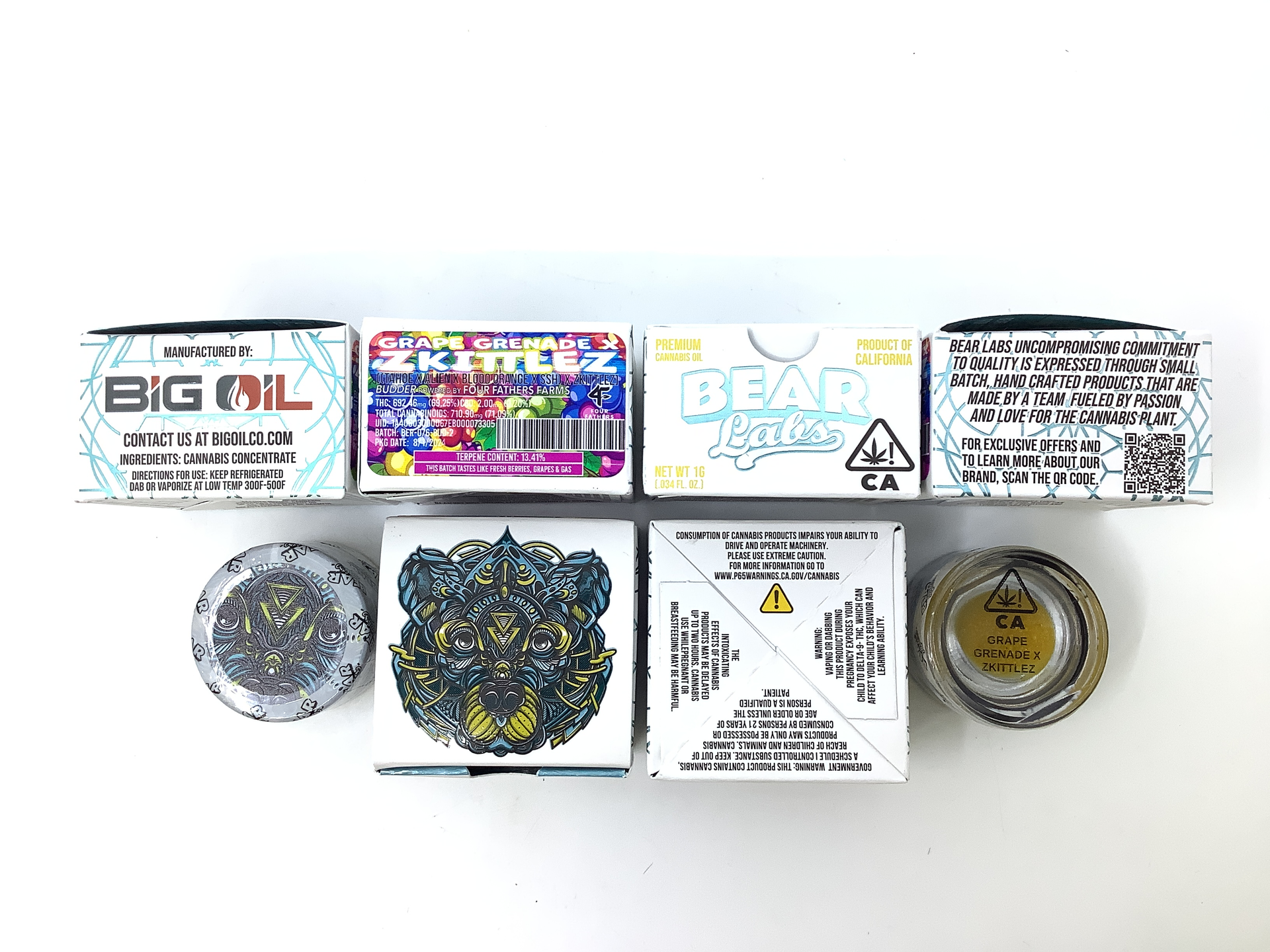 A box of bear labs next to a jar of Grape Grenade X Zkittlez
