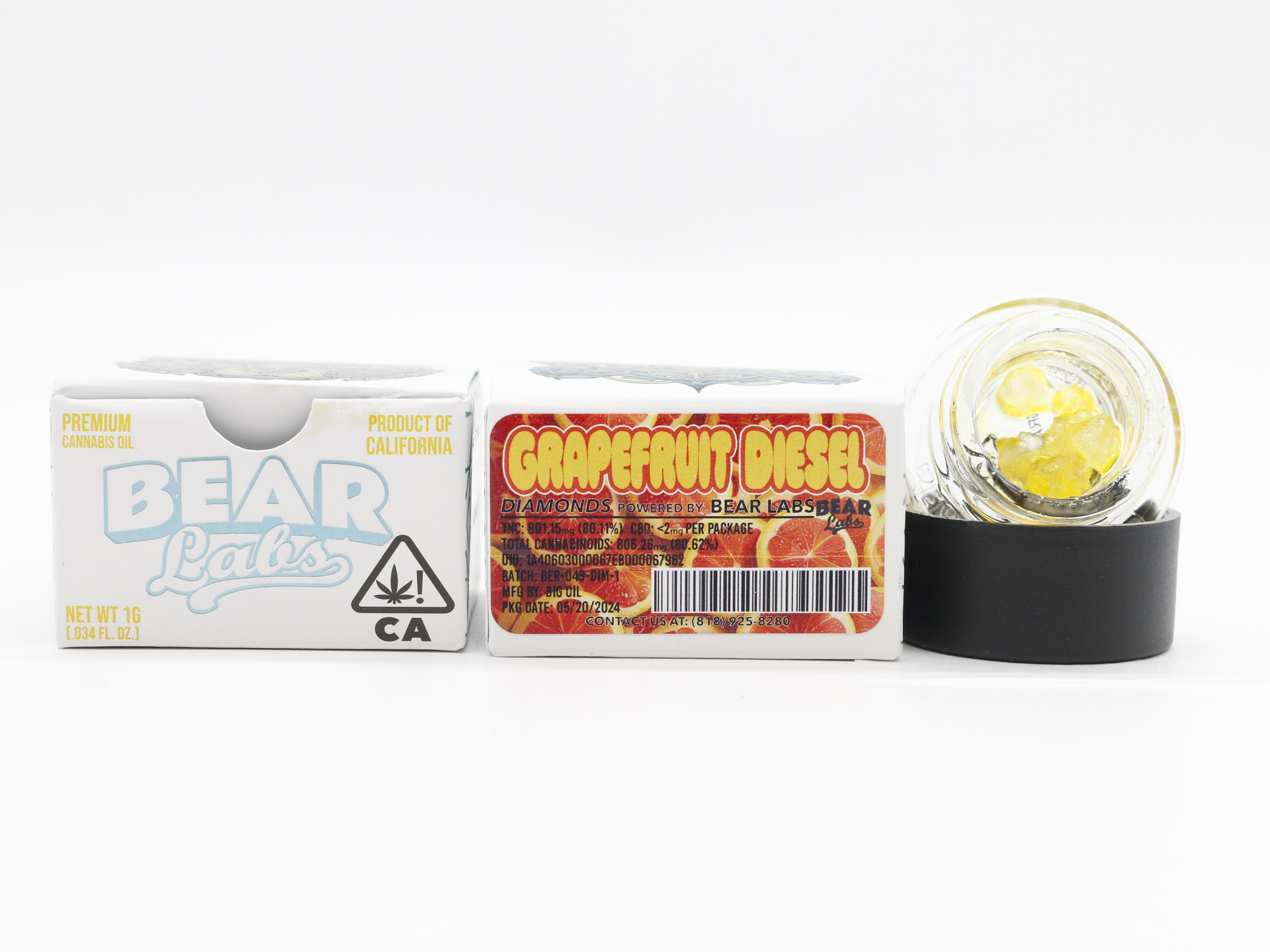 A box of bear labs next to a jar of Grapefruit Diesel