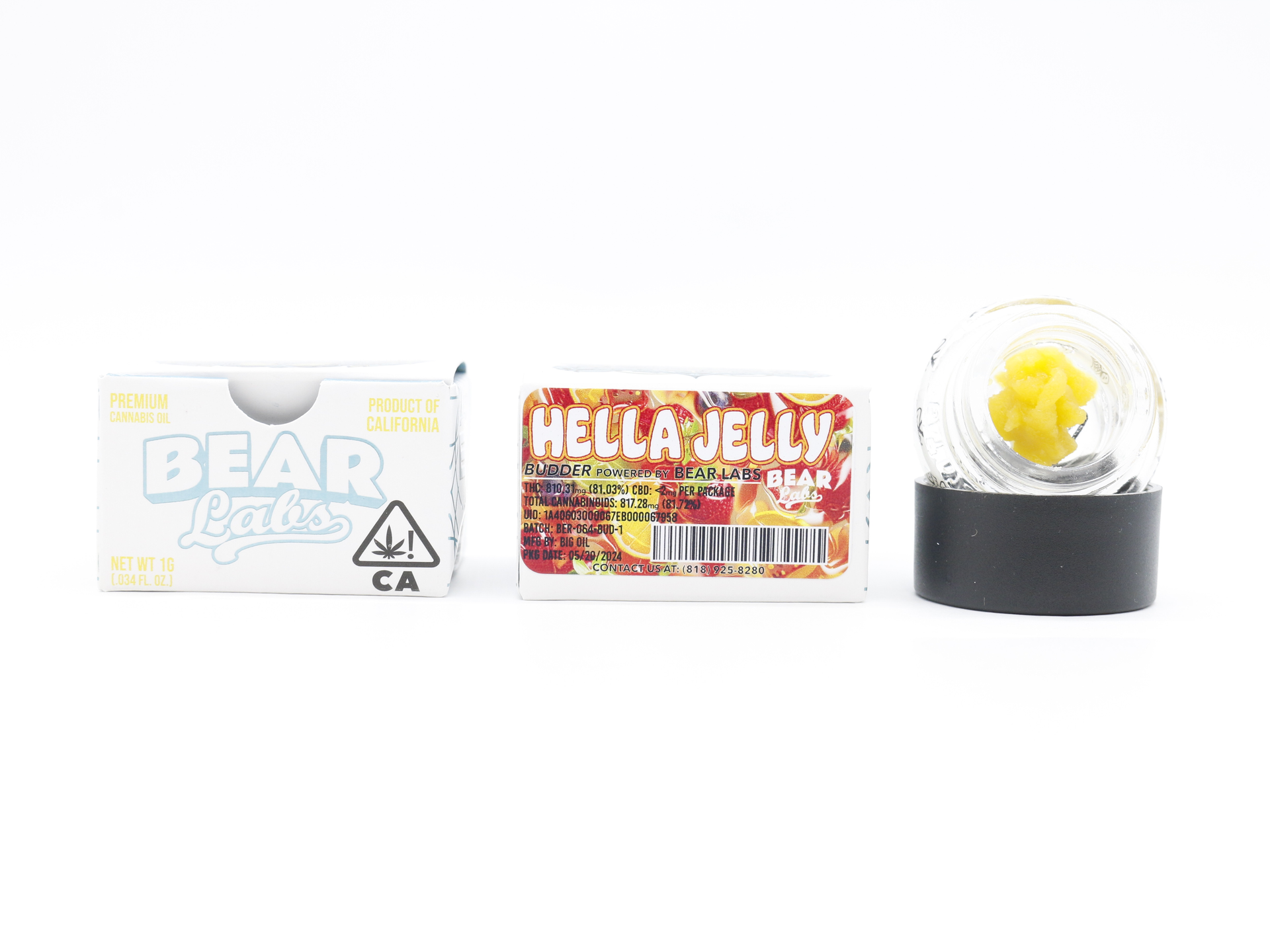 A box of bear labs next to a jar of Hella Jelly
