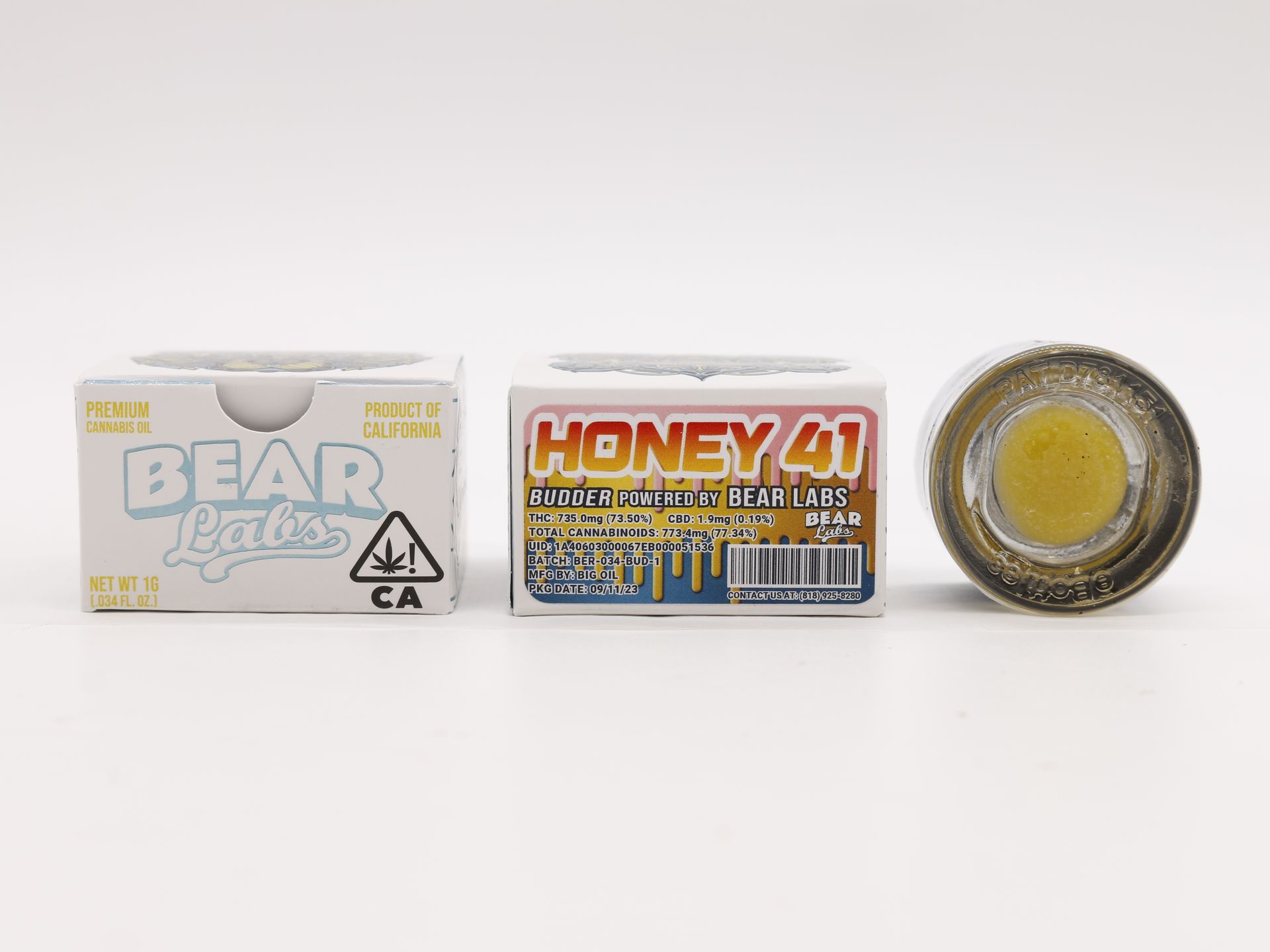 A box of bear labs next to a jar of Honey 41