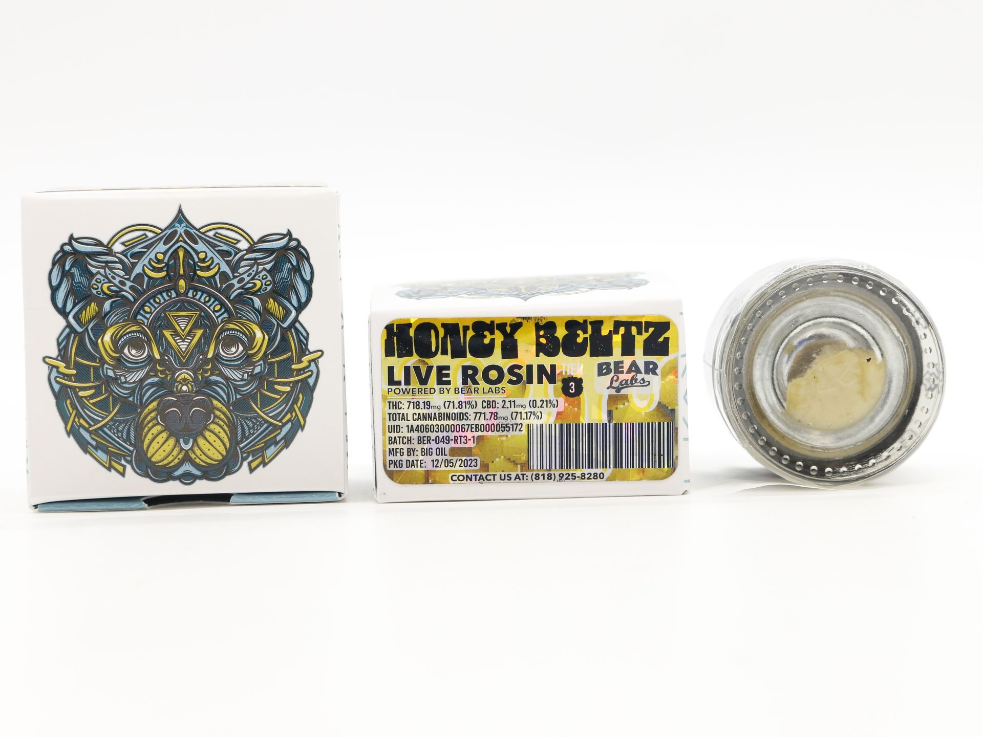 A box of bear labs next to a jar of Honey Beltz