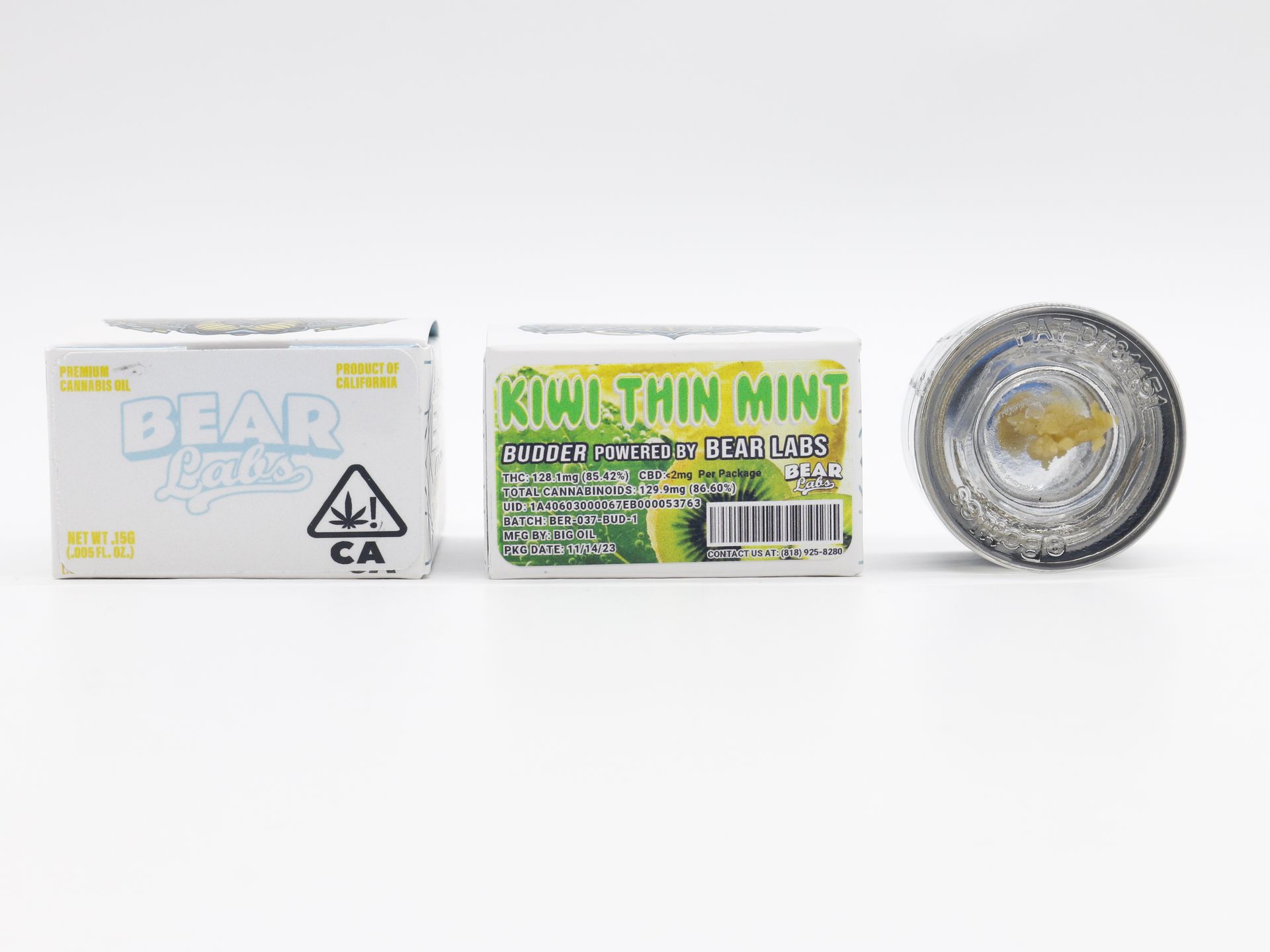 A box of bear labs next to a jar of Kiwi Thin Mint