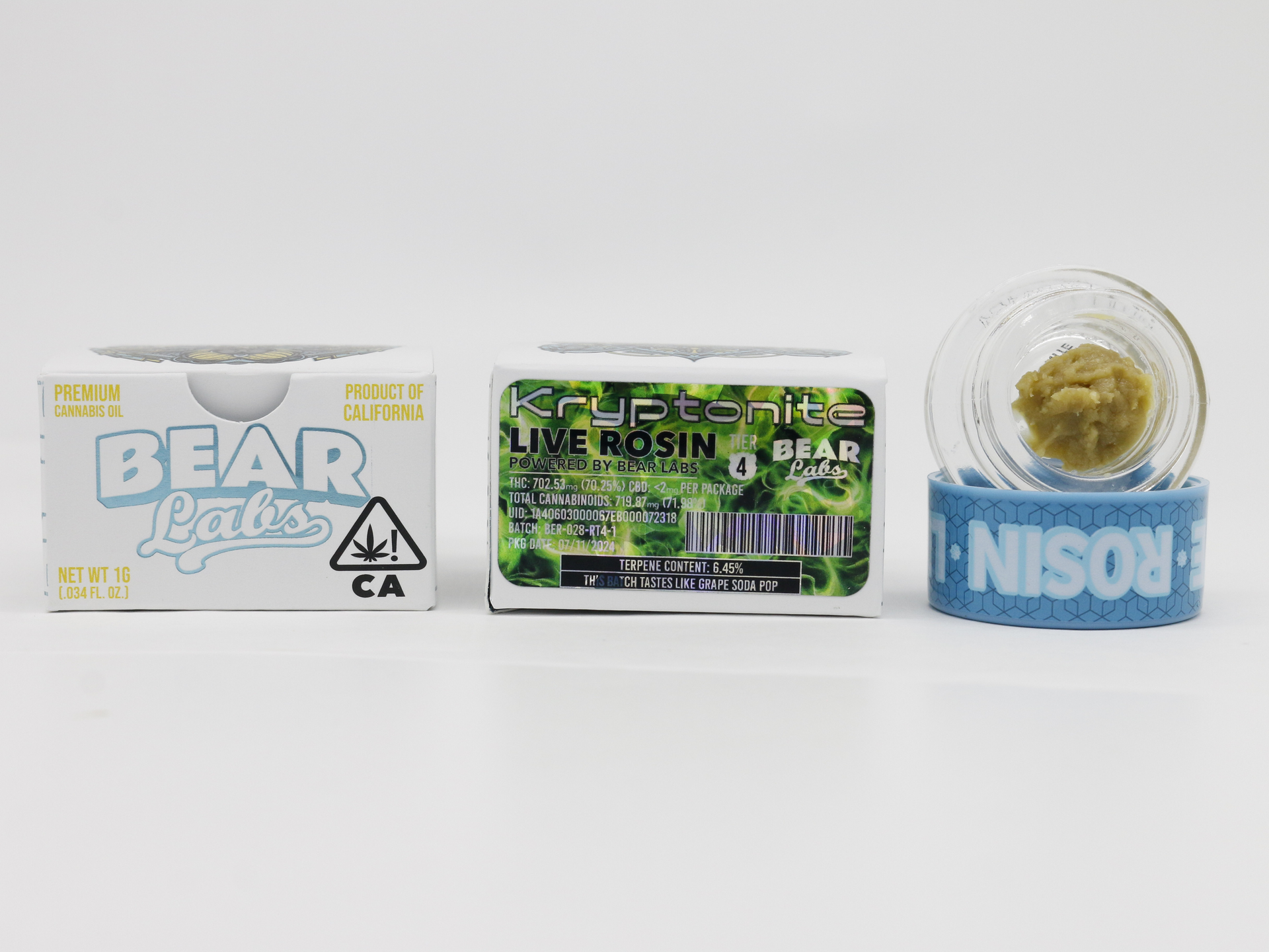 A box of bear labs next to a jar of Kryptonite