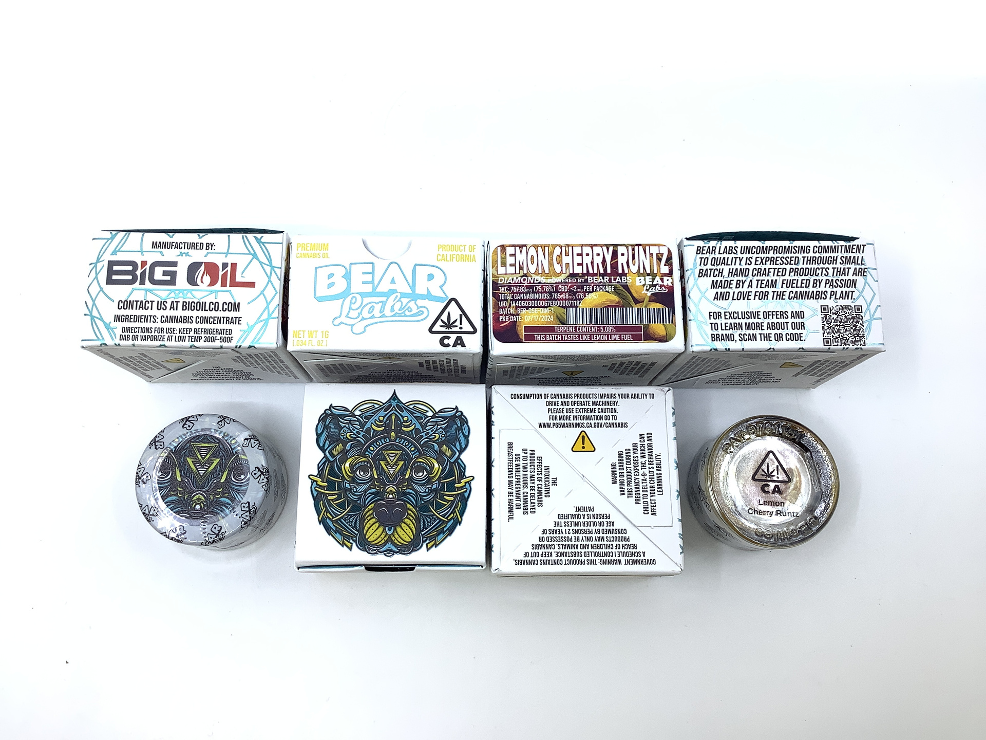 A box of bear labs next to a jar of Lemon Cherry Runtz