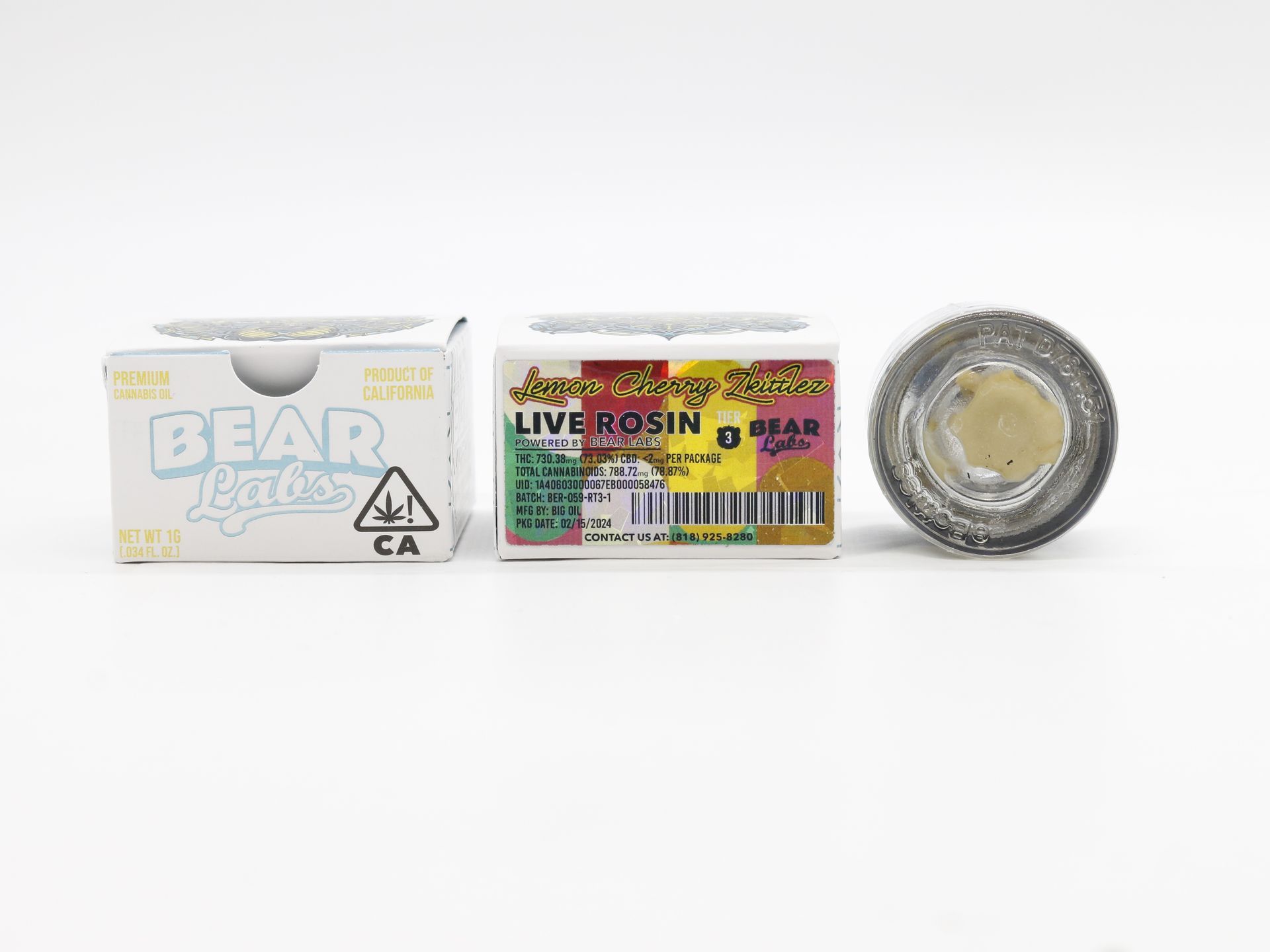 A box of bear labs next to a jar of Lemon Cherry Zkittlez
