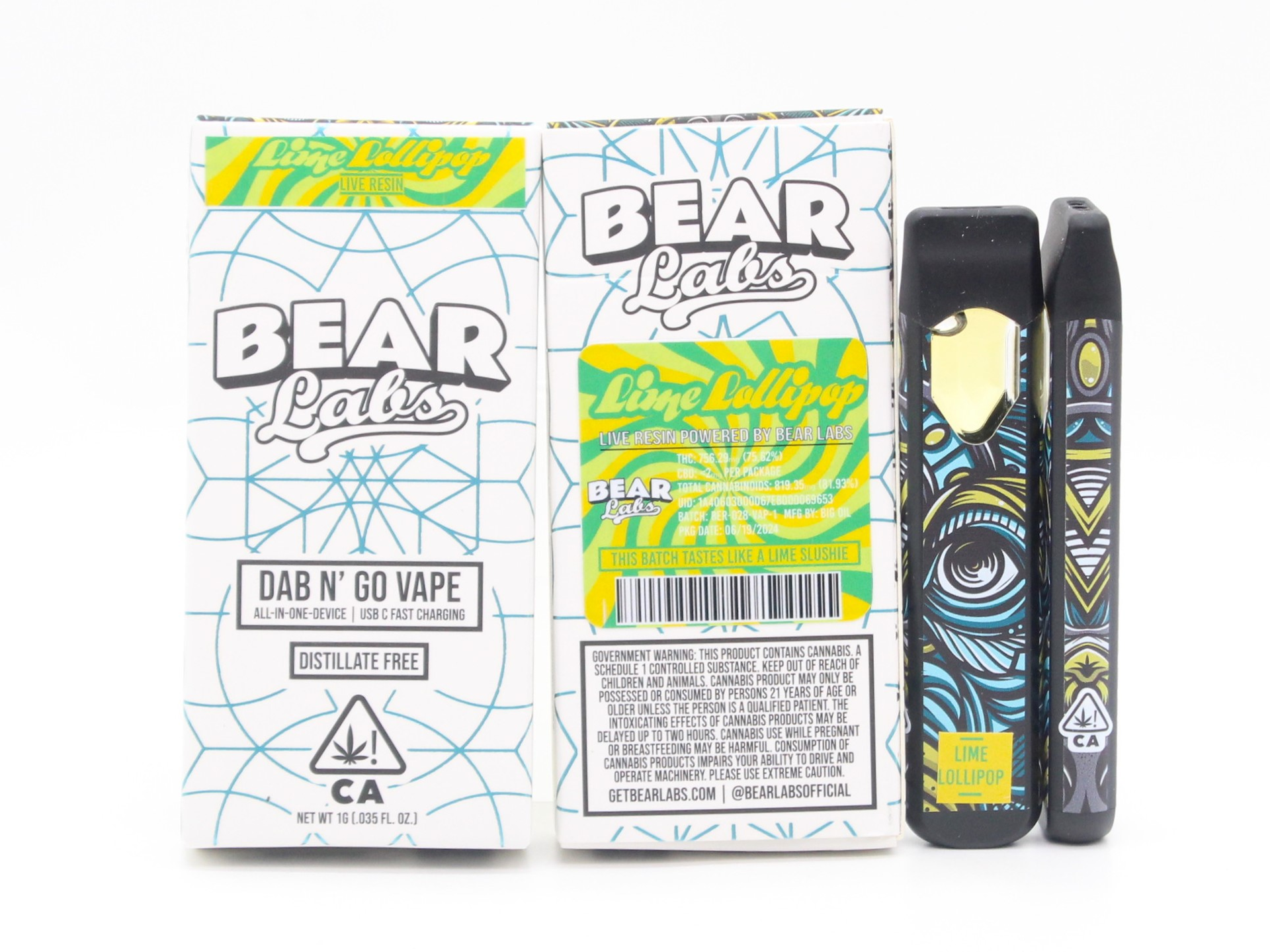 A box of bear labs next to a jar of Trop Lime Lollipop