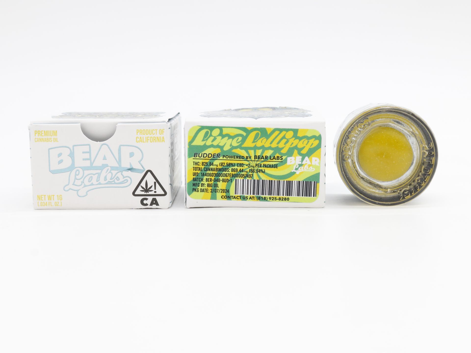 A box of bear labs next to a jar of Lime Lollipop