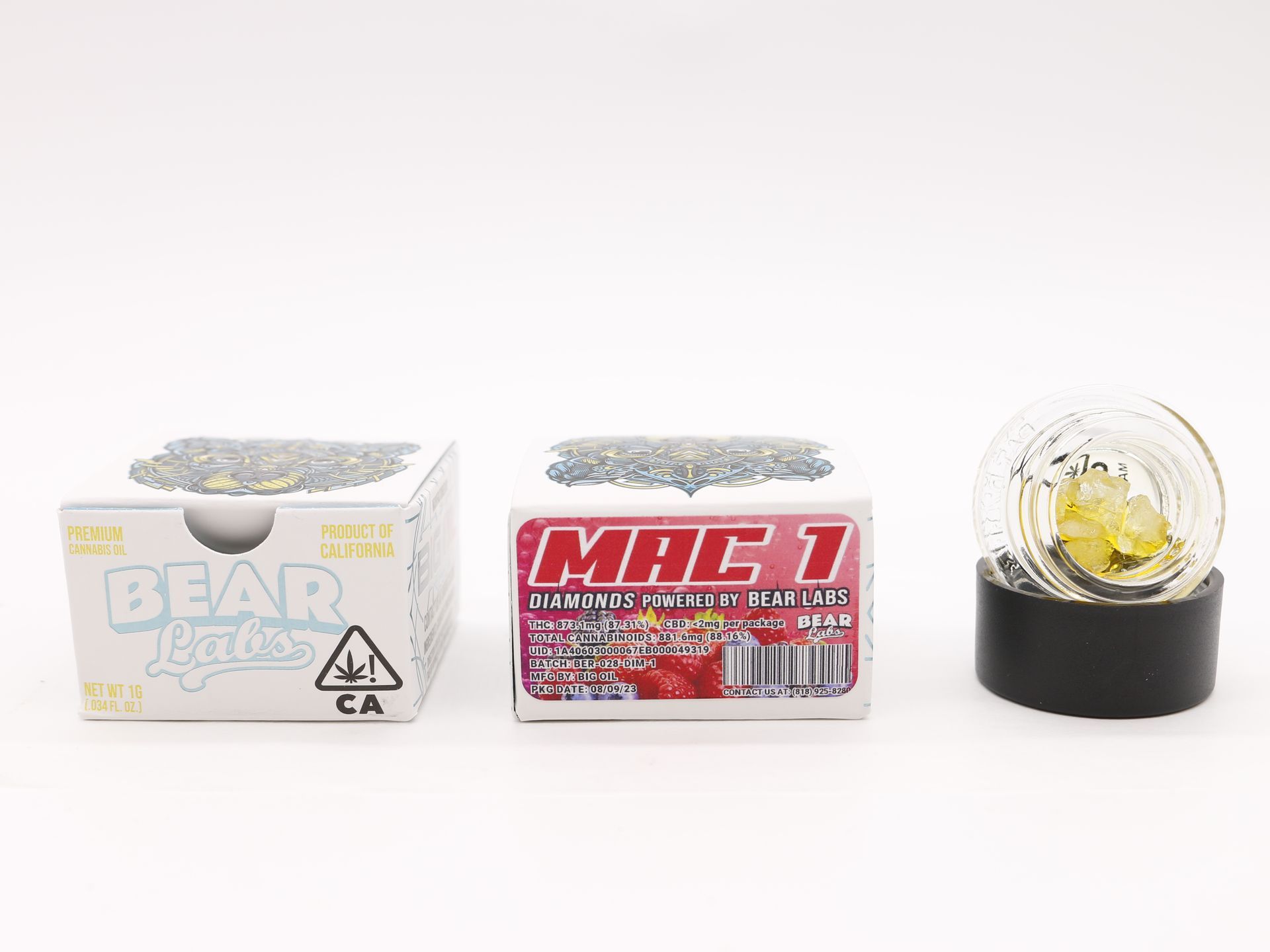 A box of bear labs next to a jar of Mac 1