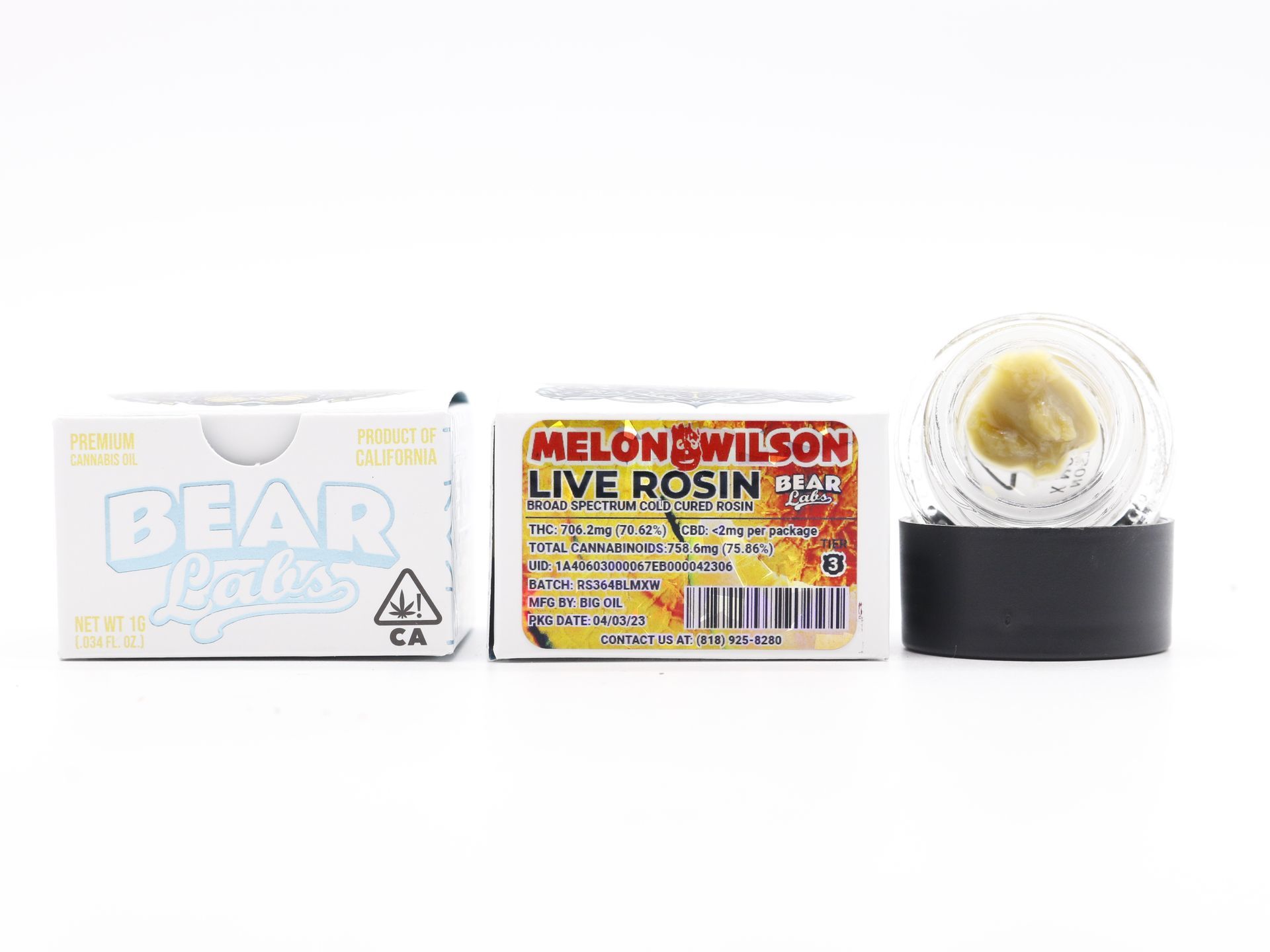A box of melon wilson live rosin next to a jar of rosin.