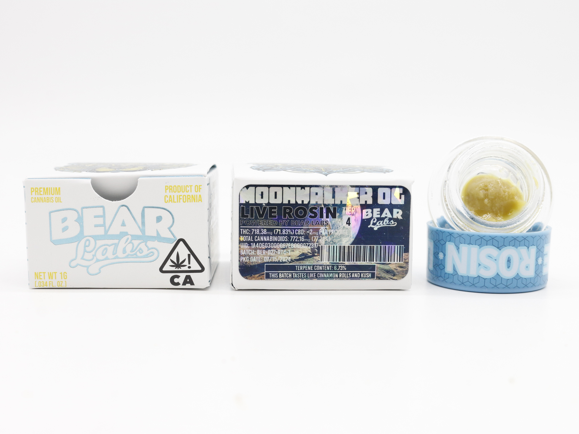 A box of bear labs next to a jar of Moonwalker Og