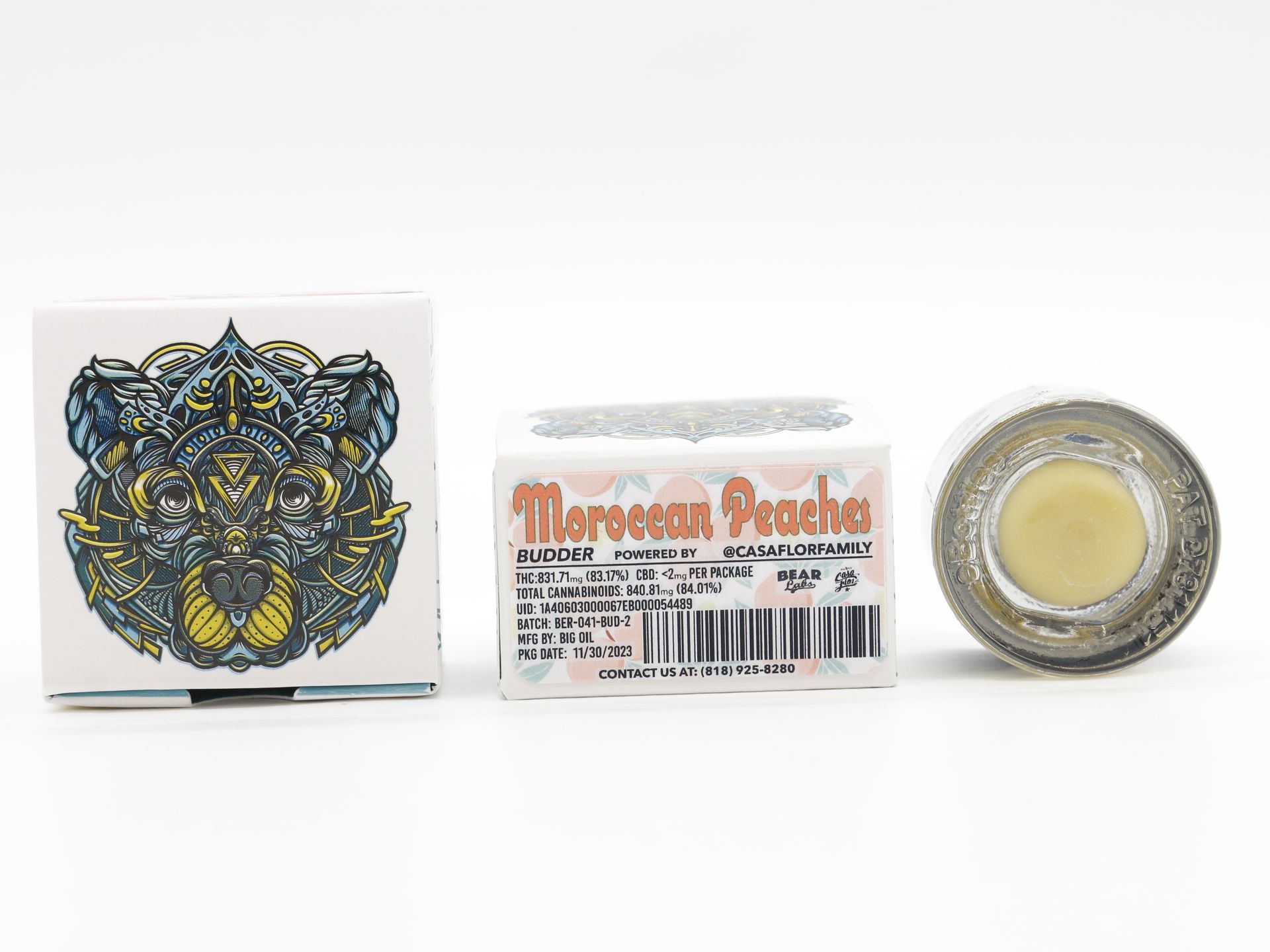 A box of bear labs next to a jar of Moroccan Peaches