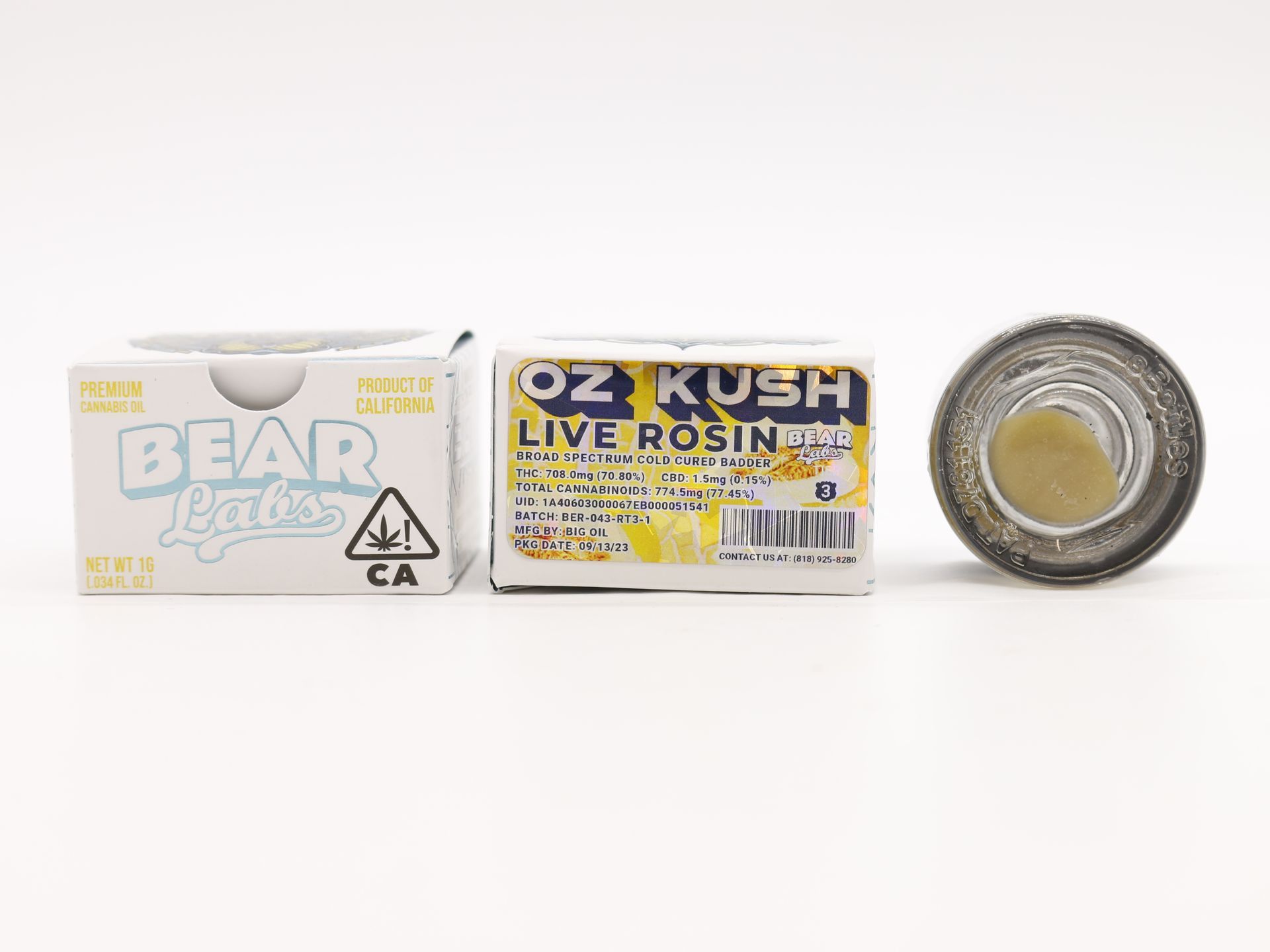 A box of bear labs next to a jar of OZ Kush