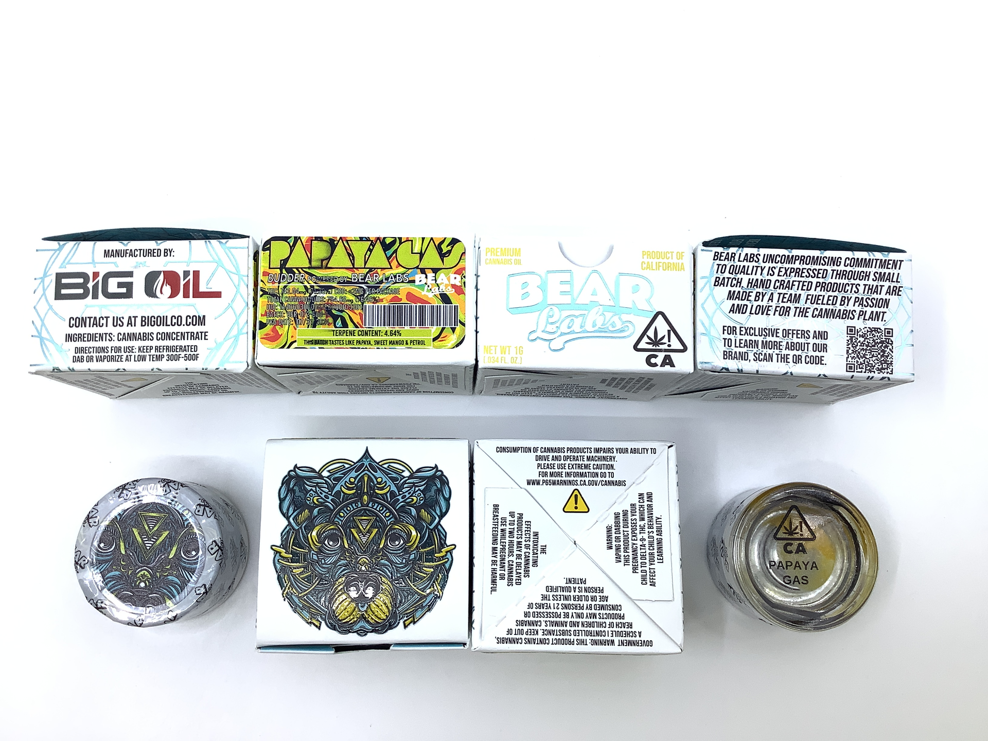 A box of bear labs next to a jar of Papaya Gas