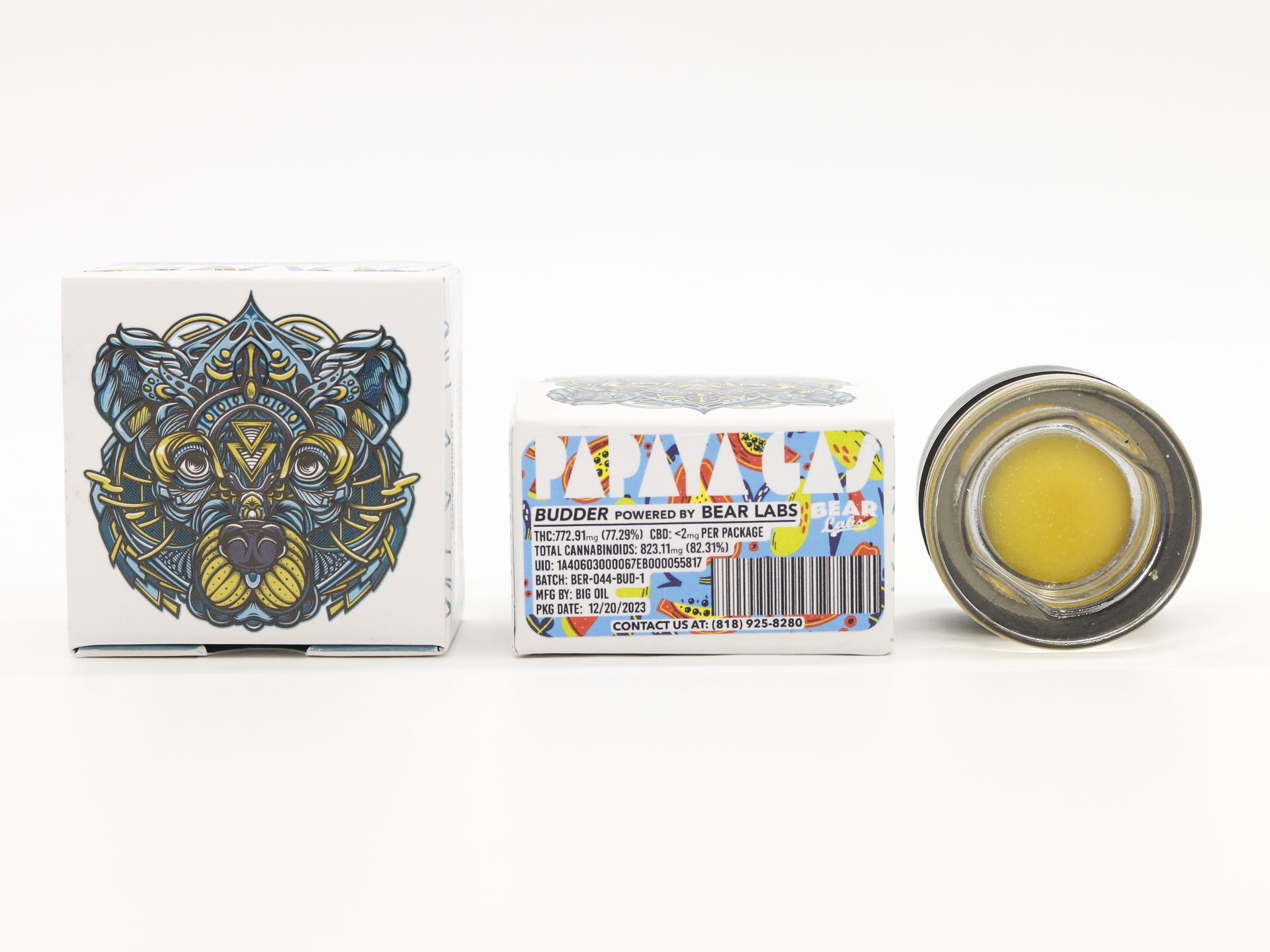 A box of bear labs next to a jar of Papaya Gas