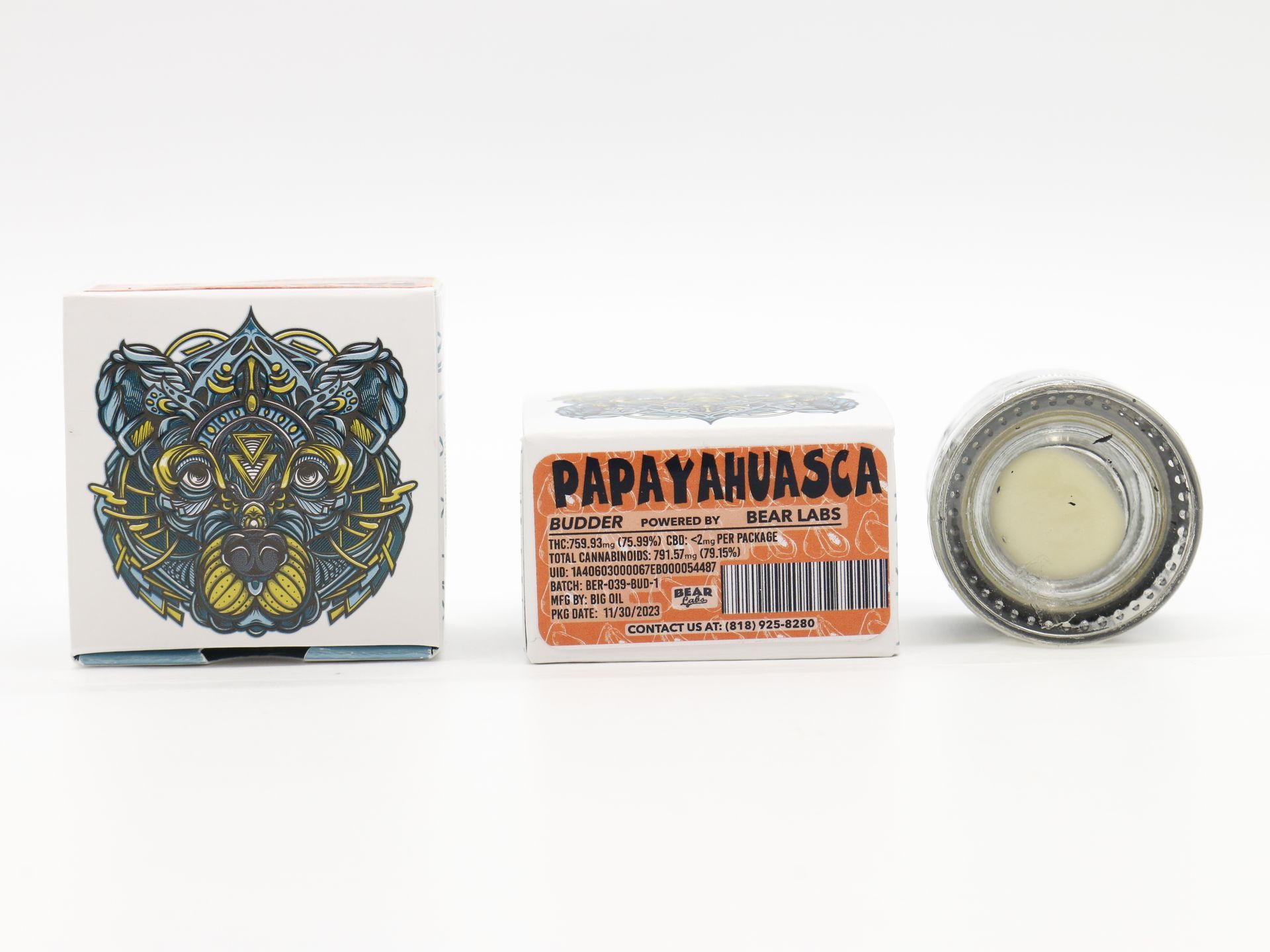 A box of bear labs next to a jar of Papayahuasca