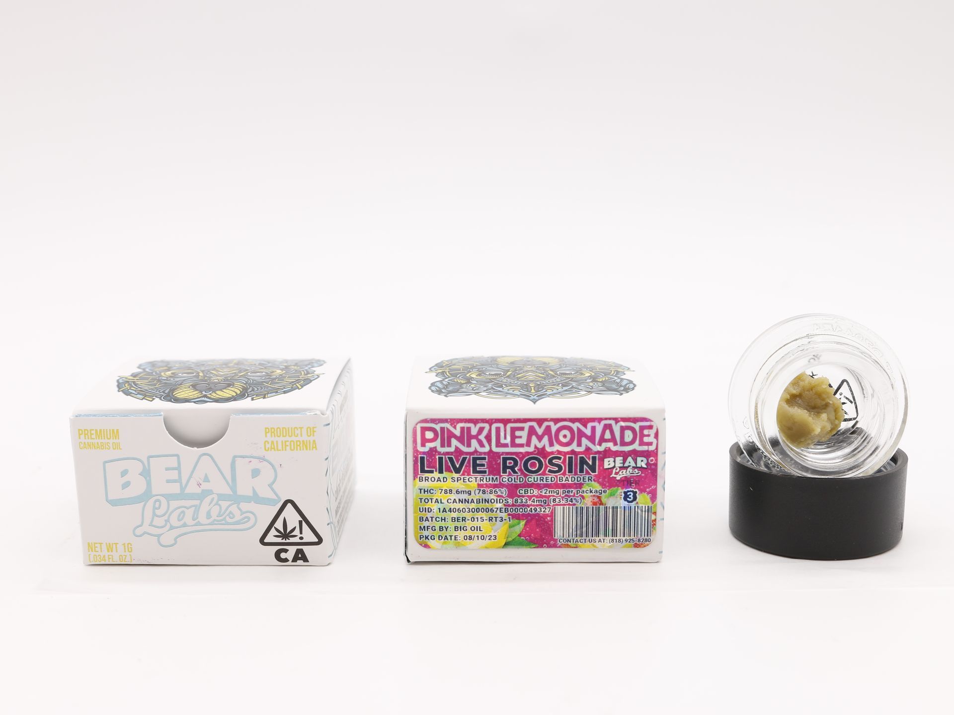 A box of bear labs next to a jar of Pink Lemonade