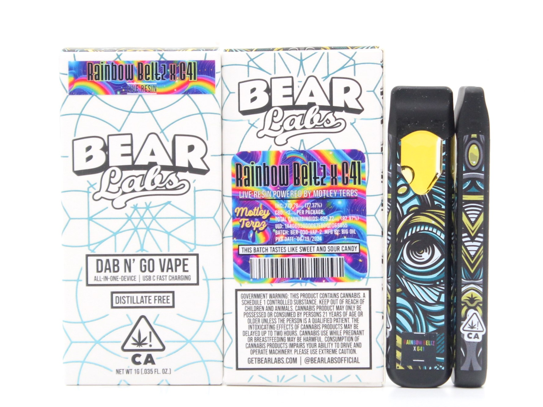 A box of bear labs next to a jar of Rainbow Beltz X G41
