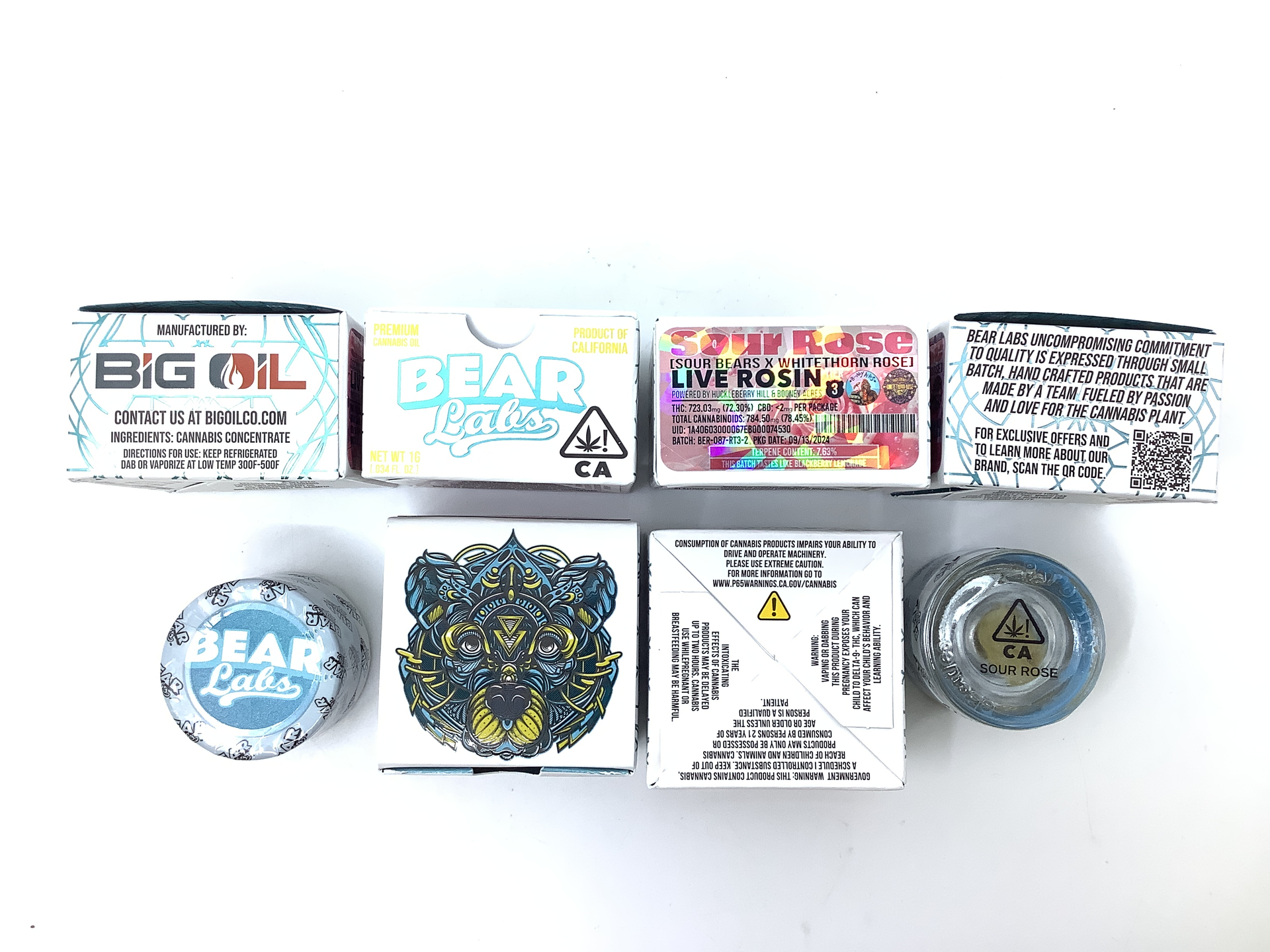 A box of bear labs next to a jar of Sour Rose