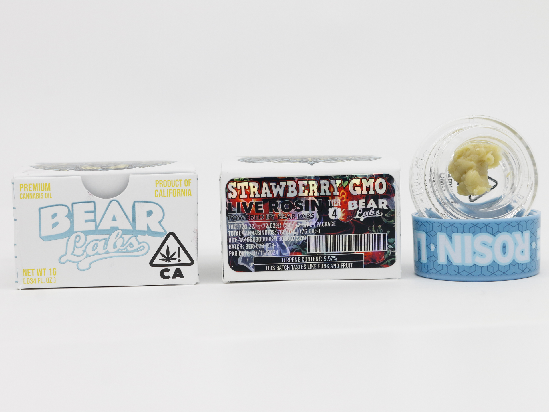A box of bear labs next to a jar of Strawberry Gmo