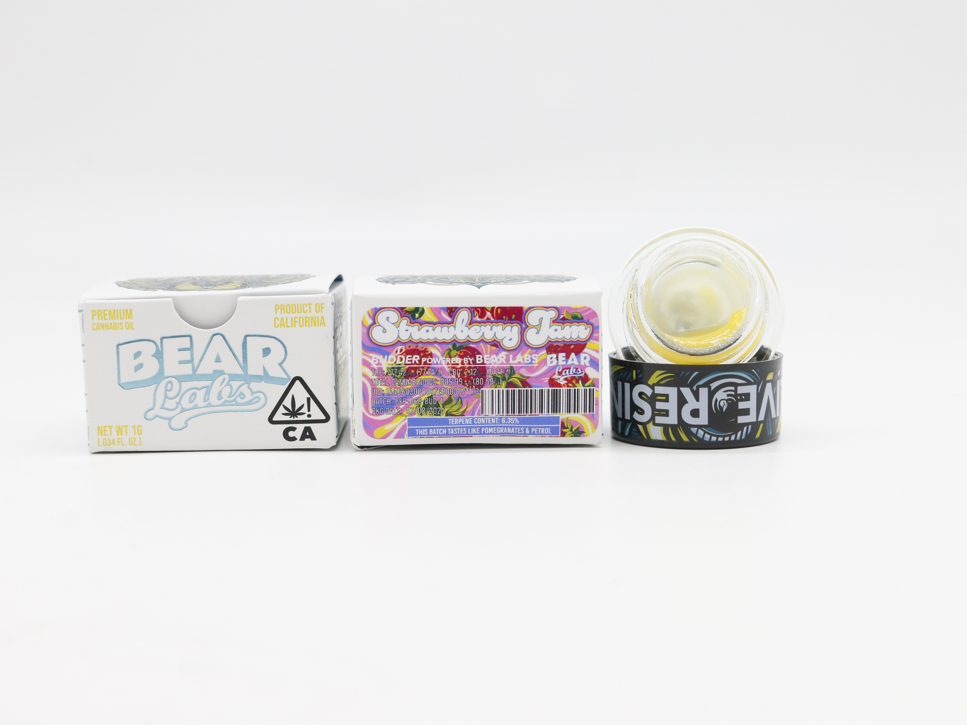 A box of bear labs next to a jar of Strawberry Jam