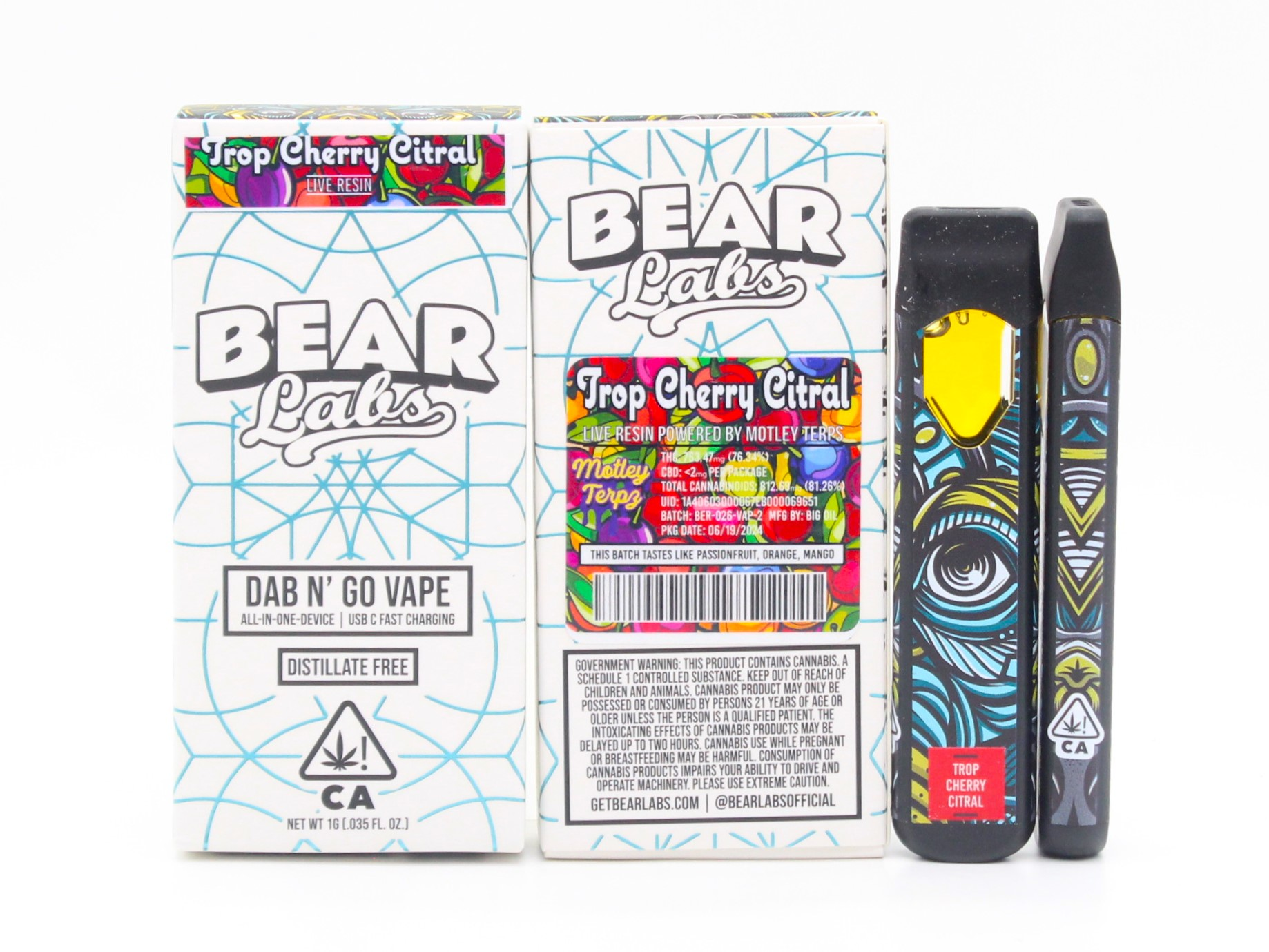 A box of bear labs next to a jar of Trop Cherry Citral