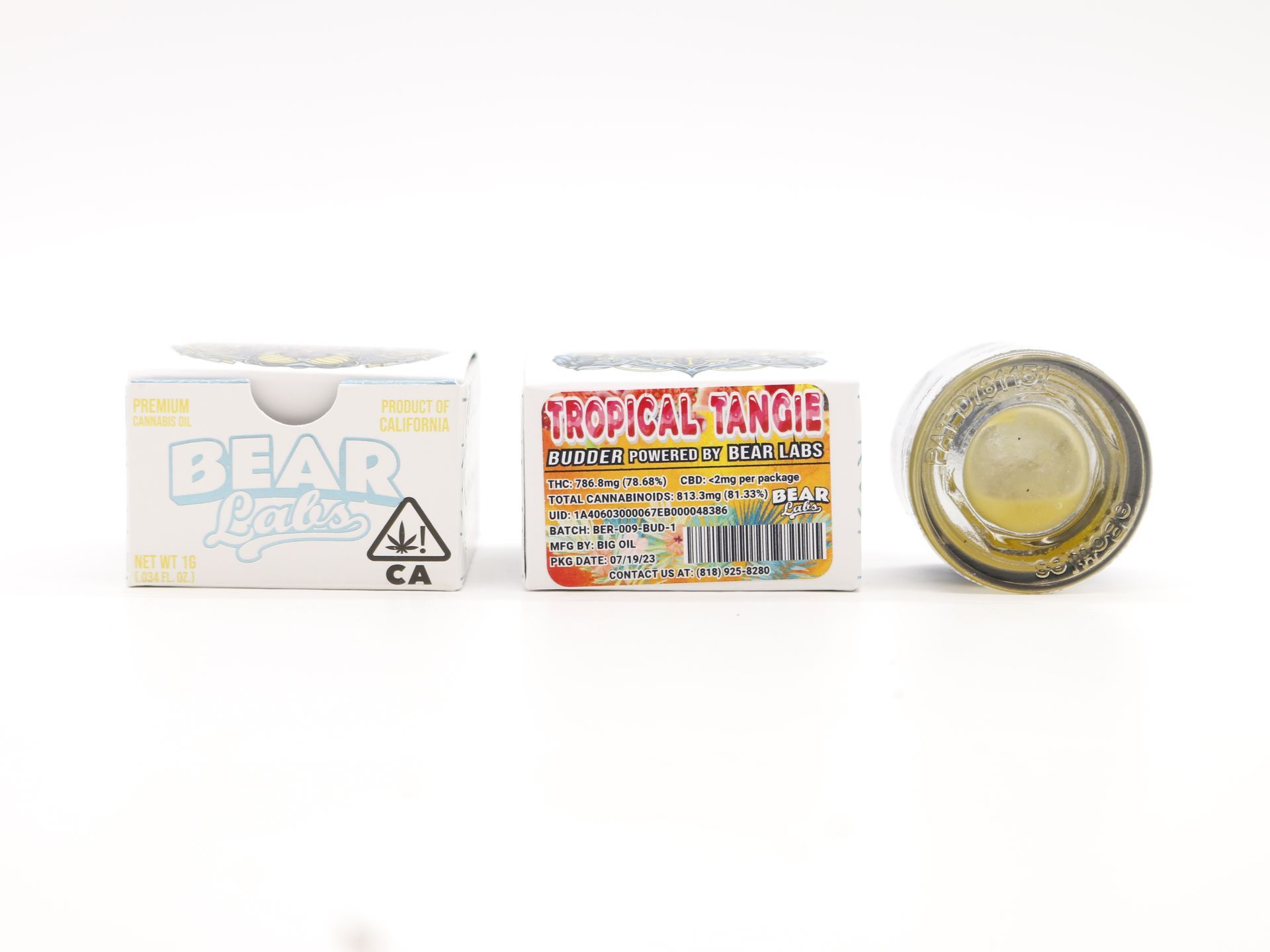 A box of bear labs next to a jar of Tropical Tangie