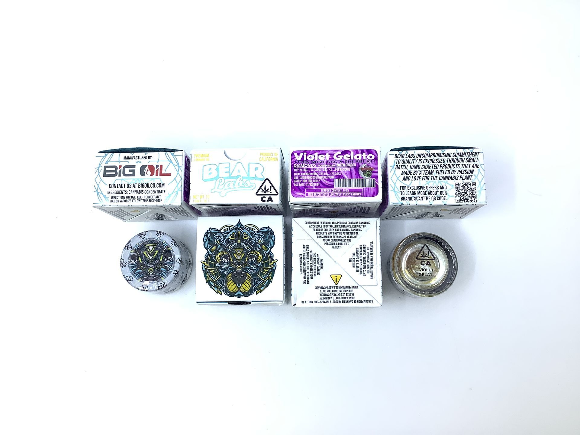 A box of bear labs next to a jar of Violet Gelato