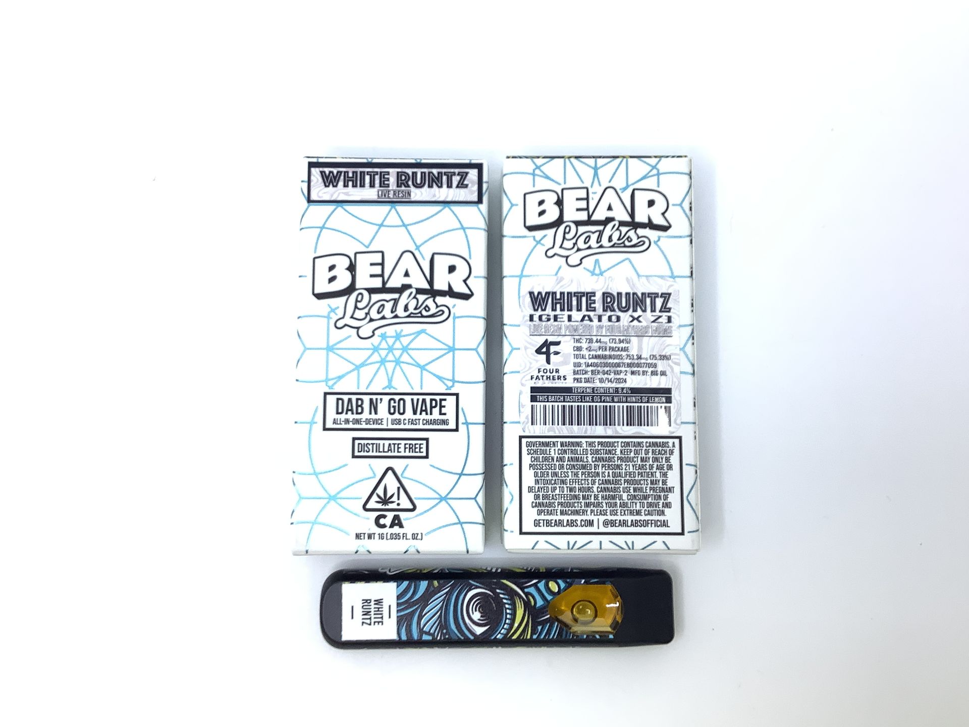 A box of bear labs next to a jar of White Runtz - Aio