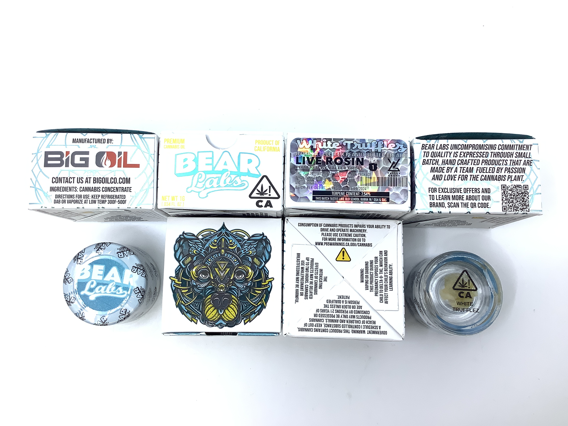 A box of bear labs next to a jar of White Trufflez