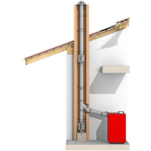 Ein Diagramm eines Schornsteins mit einem daran befestigten roten Kessel