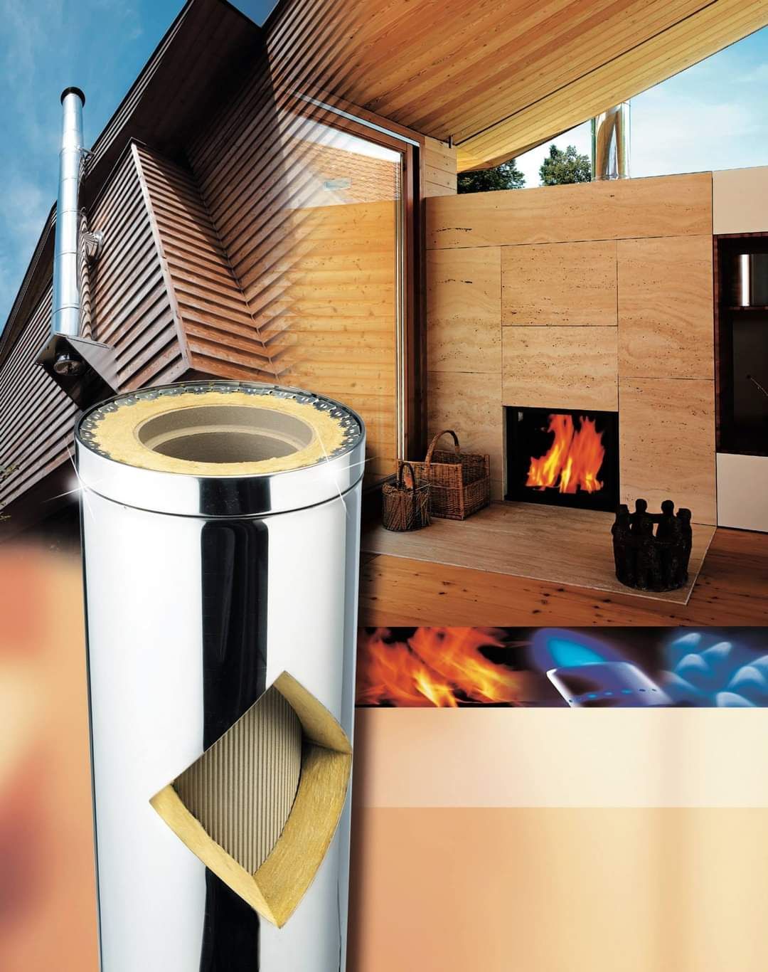 Ein Bild von einem Schornstein mit einem Kamin im Hintergrund