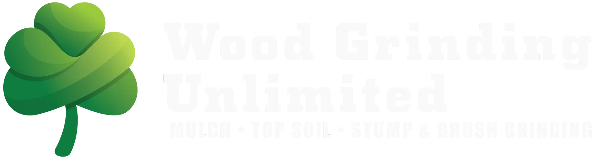 Logo for Wood Grinding Unlimited: A green shamrock graphic with white text.
